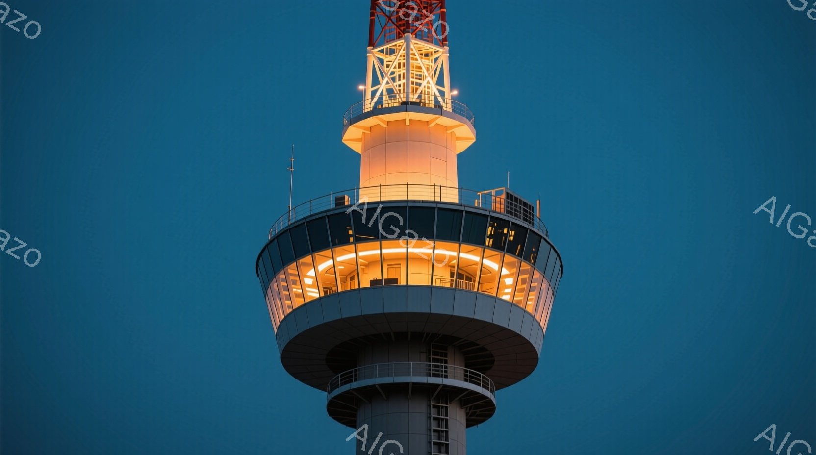 夜空を背景に、高い塔がライトアップされています。塔の上部には円形の展望台があり、内部から暖色の光が漏れ出ており、周囲の暗闇とのコントラストが美しいです。塔は細身でモダンなデザインで、夜空に伸びるその姿 - AI生成フリー素材