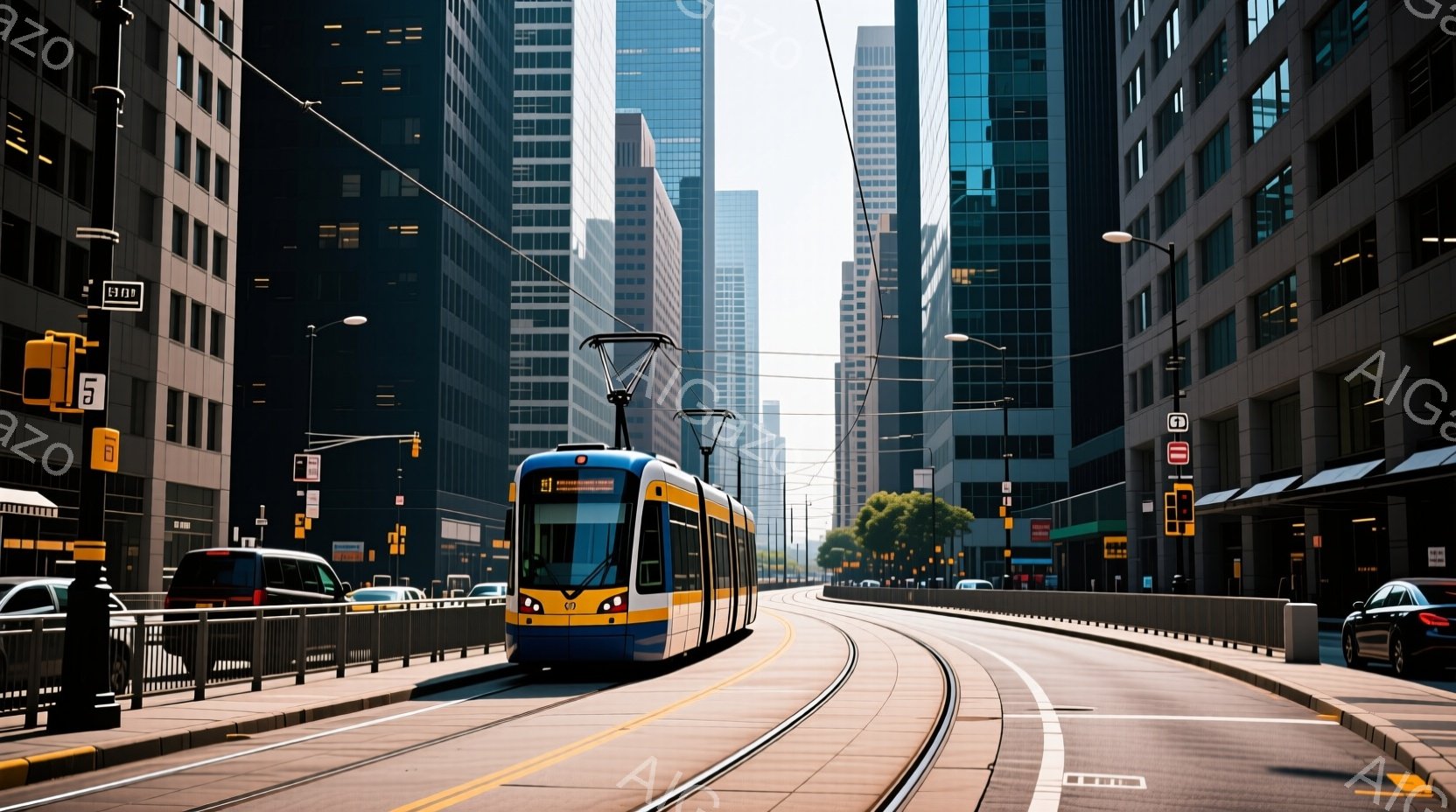 街路を走る青い路面電車が印象的な写真です。高層ビル群が両側に立ち並び、晴天の下、都市の活気とモダンな雰囲気を醸し出しています。路面電車は街の中心部をスムーズに進み、その鮮やかな色彩が風景にアクセントを - AI生成フリー素材