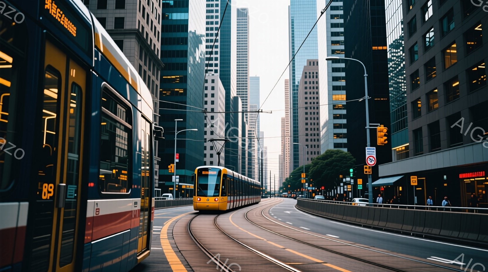 道路を走る黄色い路面電車が写っている。高層ビルが立ち並び、近代的な都市の風景が広がっている。空は晴れており、全体的に明るく、洗練された雰囲気が漂っている。 - AI生成フリー素材