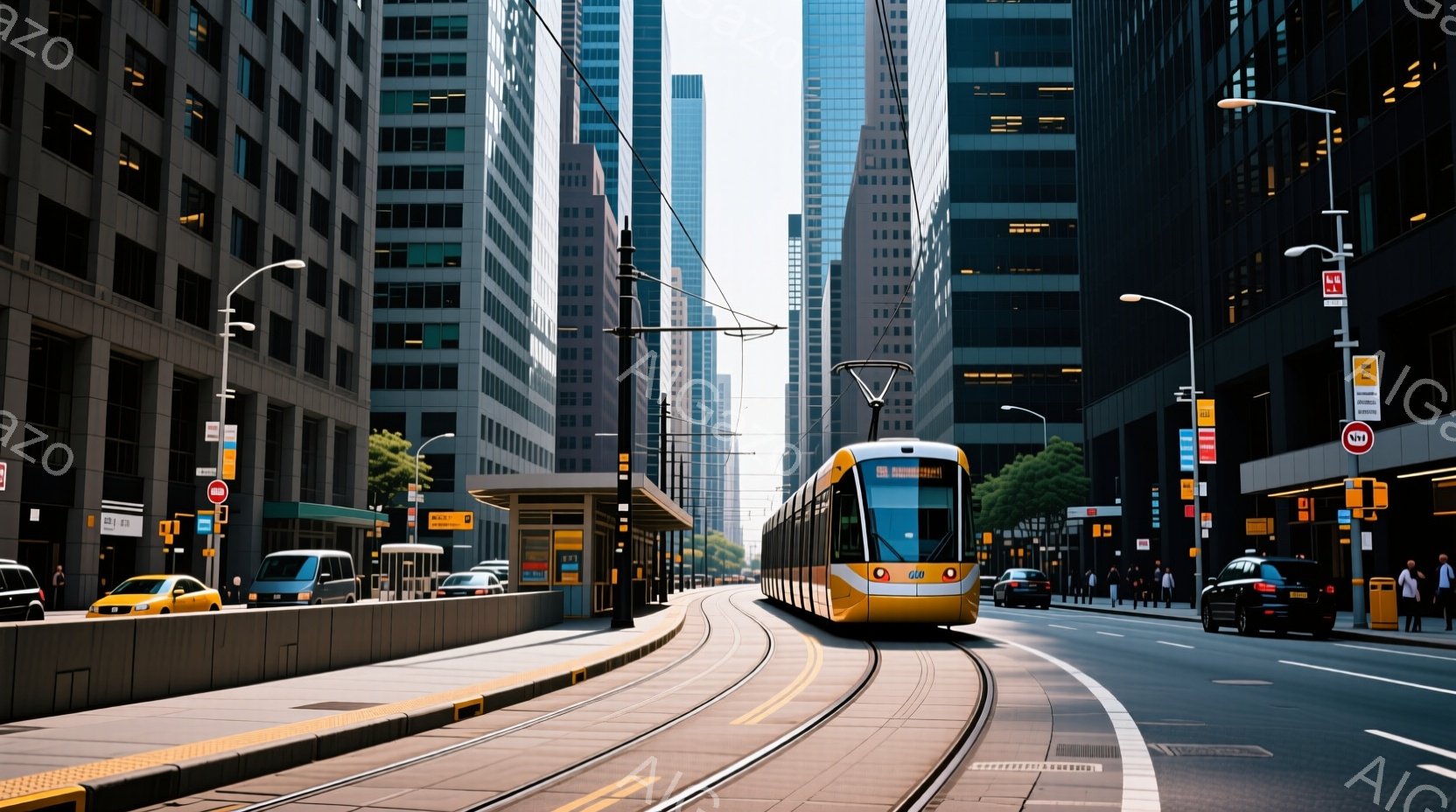 街路を黄色い路面電車が走っており、高層ビルが両側に立ち並んでいる様子が写っている。歩道には数人が見え、路面電車が進行する方向に向かって立っているようだ。晴天で、路面は乾いており、近代的な都会の雰囲気を - AI生成フリー素材