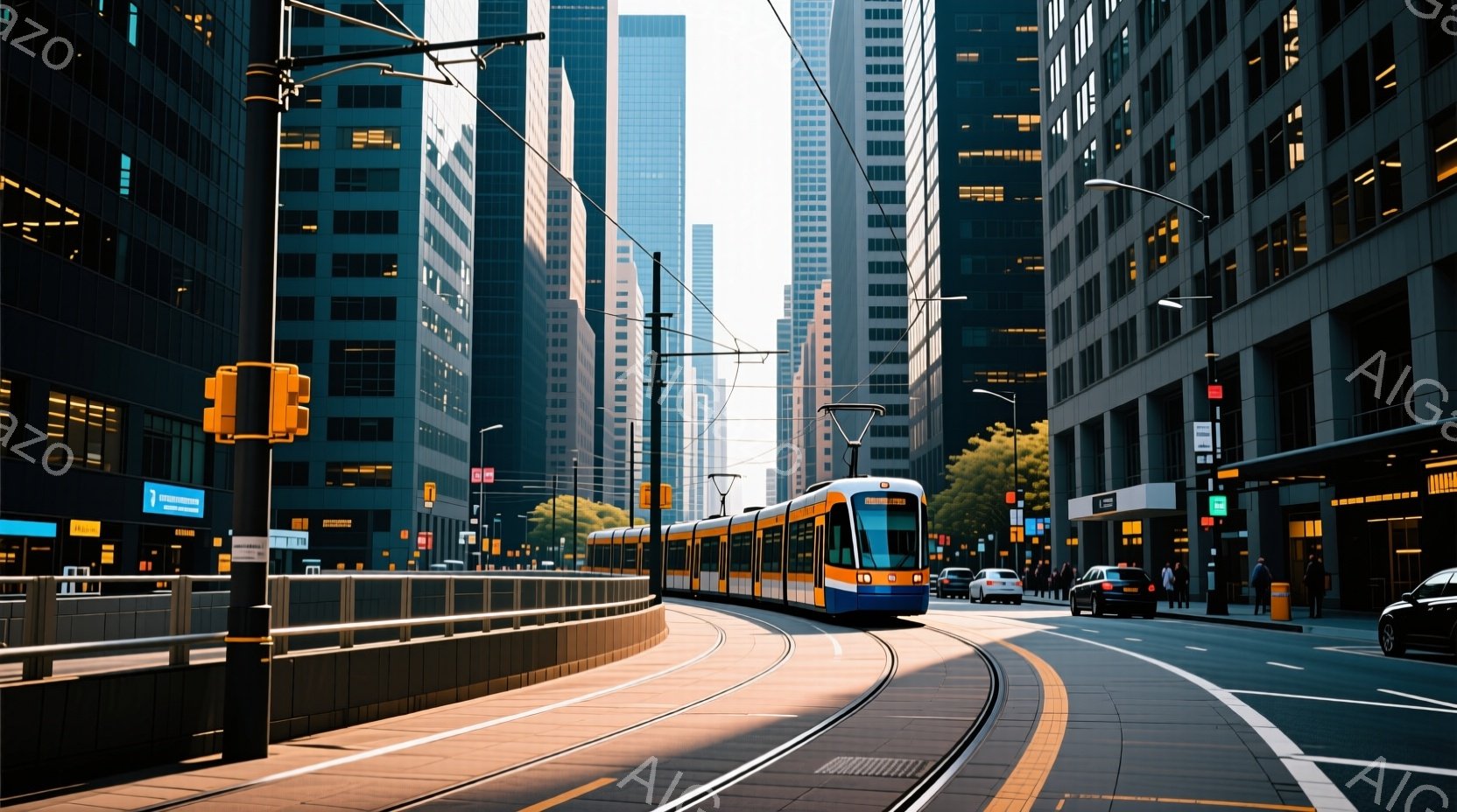 高層ビル群に挟まれた道路を、オレンジとグレーの路面電車が走っている。日差しが道路に差し込み、路面電車の車体や周囲の建物に反射して明るい光景を作り出している。道路には数台の車が走っており、歩道には数人の人が見られるが、彼らの表情や服装ははっきりとは分からない。