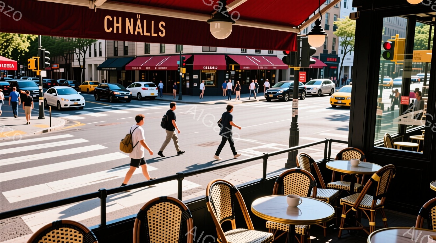都市風景で人々が歩行者用の横断路を渡り、カフェ「Chnalls」などの建物が見える。屋外のテーブルとチェアがあり、日差しが照らす道路には車もある。雰囲気は活発で、人々が仕事や買い物をするために歩き回っ - AI生成フリー素材