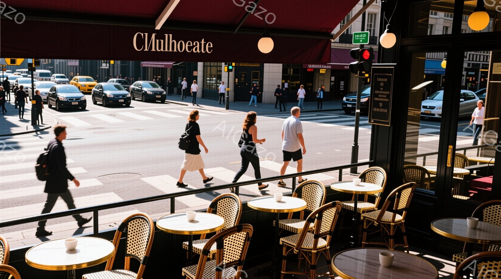 ニューヨークの街並みを背景に、カフェのテラス席が写っている。人々はカジュアルな服装で歩行しており、日差しが照りつけ、賑やかな雰囲気が感じられる。カフェのテーブルには飲み物が置かれ、赤いストライプのパラ - AI生成フリー素材
