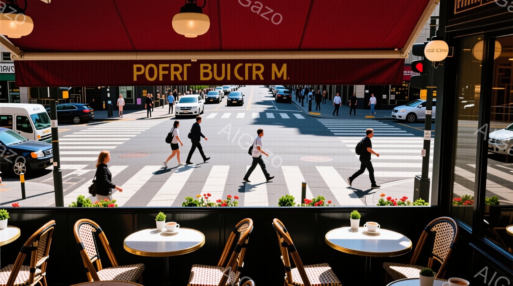 パリのカフェのテラス席から見た賑やかな通りが写っています。人々は様々な服装で歩いており、黒いスーツの男性や赤いジャケットの女性が目立ちます。背景には建物が並び、天候は晴れで、カフェの赤いパラソルが明るい雰囲気を醸し出しています。