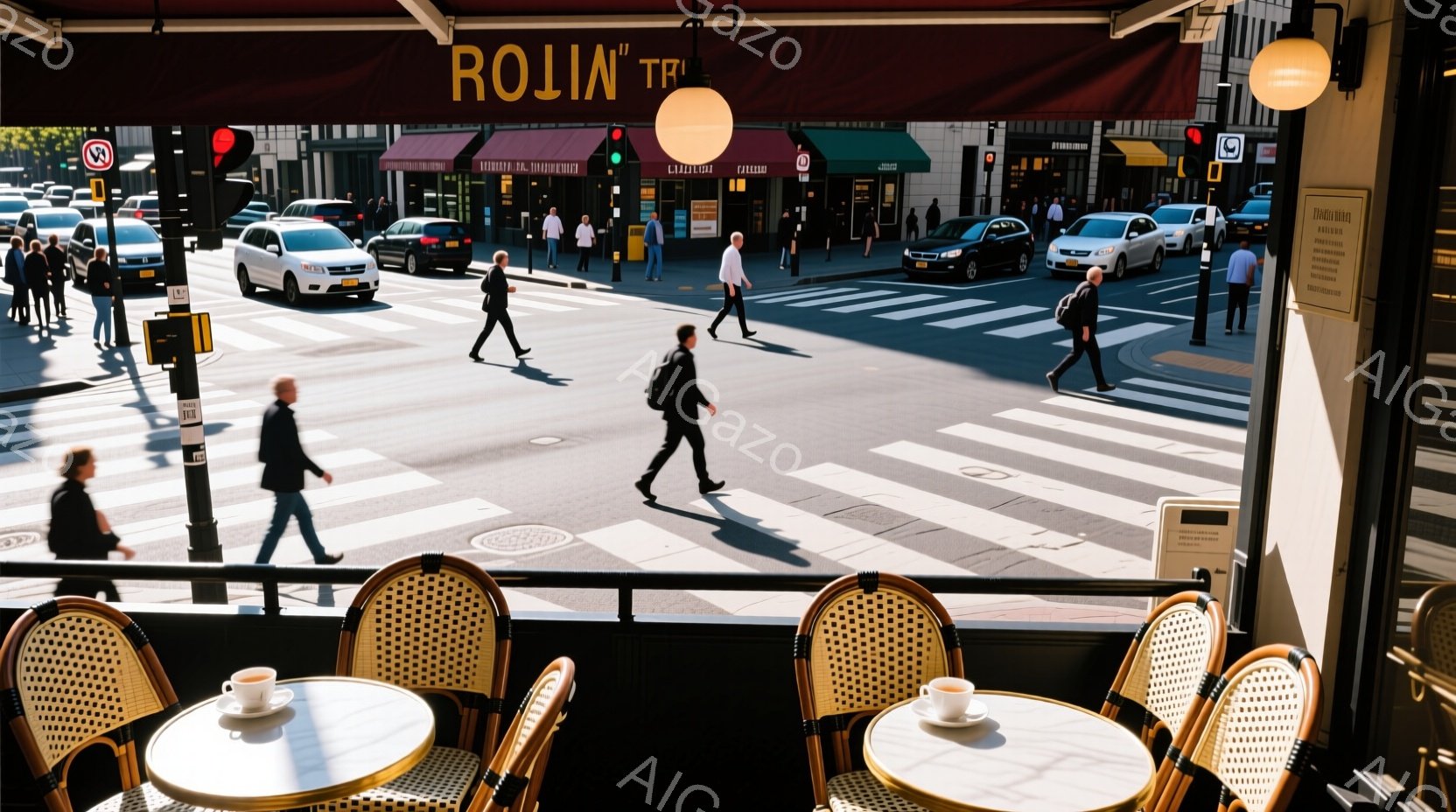 舗装された道路の横に、カフェのテラス席が並び、それぞれテーブルにコーヒーカップが置かれている。背景には、さまざまな商店が並び、人々が横断歩道を歩いている様子が描かれ、晴天の下、活気ある街並みが広がっている。全体的に、落ち着いた雰囲気でありながらも、日常の喧騒を感じさせる光景である。