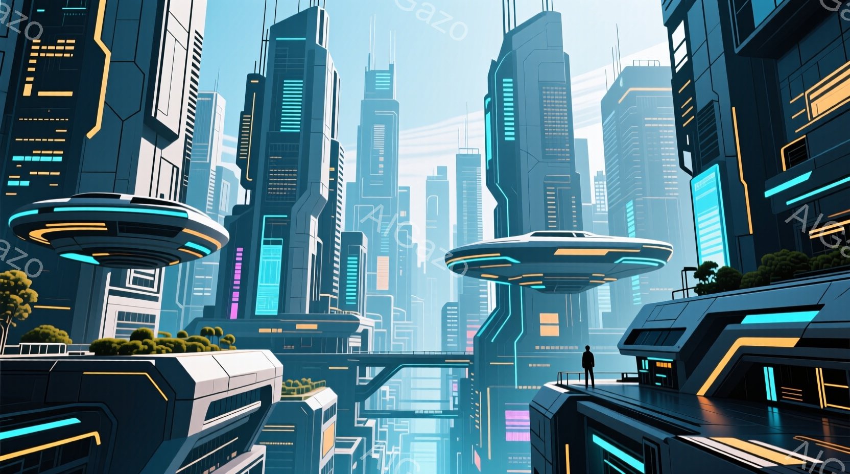 未来都市の壮大な風景が広がっている。高層ビル群が空を覆い、その間に浮かぶ円盤状の構造物が印象的だ。一人の男性が展望台で遠くを見つめており、そのシルエットが静寂と孤独感を漂わせている。 - AI生成フリー素材