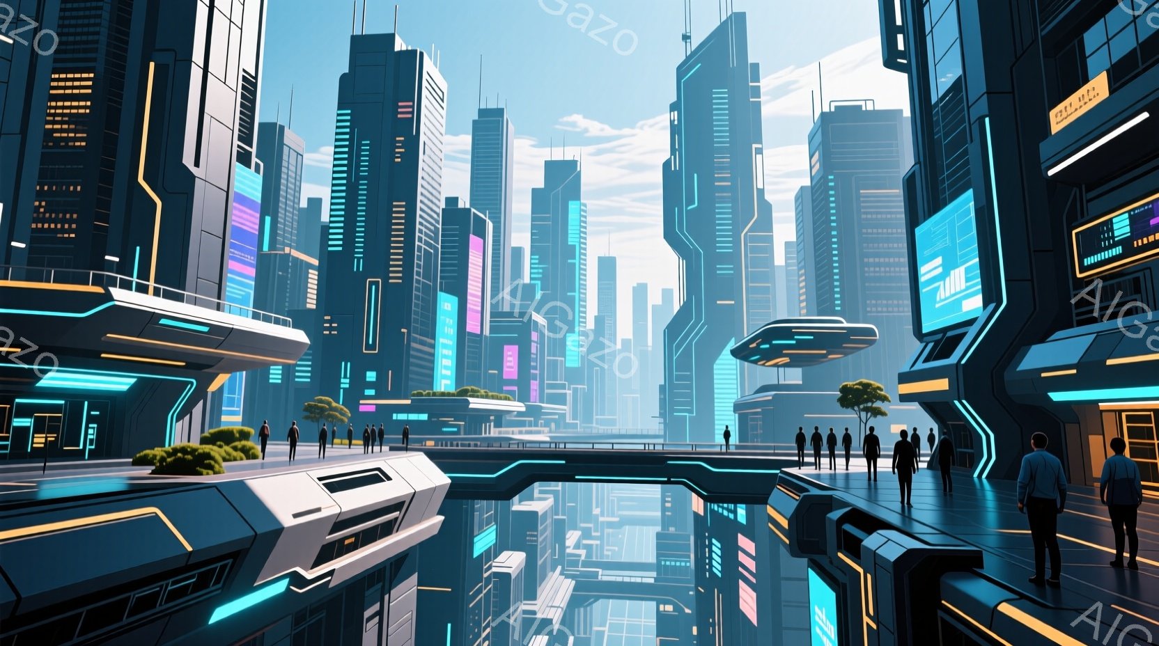 未来都市の風景が描かれている。高層ビル群が立ち並び、空中にはプラットフォームや飛行体が浮かんでいる。人々は未来的な服装で、落ち着いた様子でプラットフォームを歩いているか、景色を眺めている。 - AI生成フリー素材