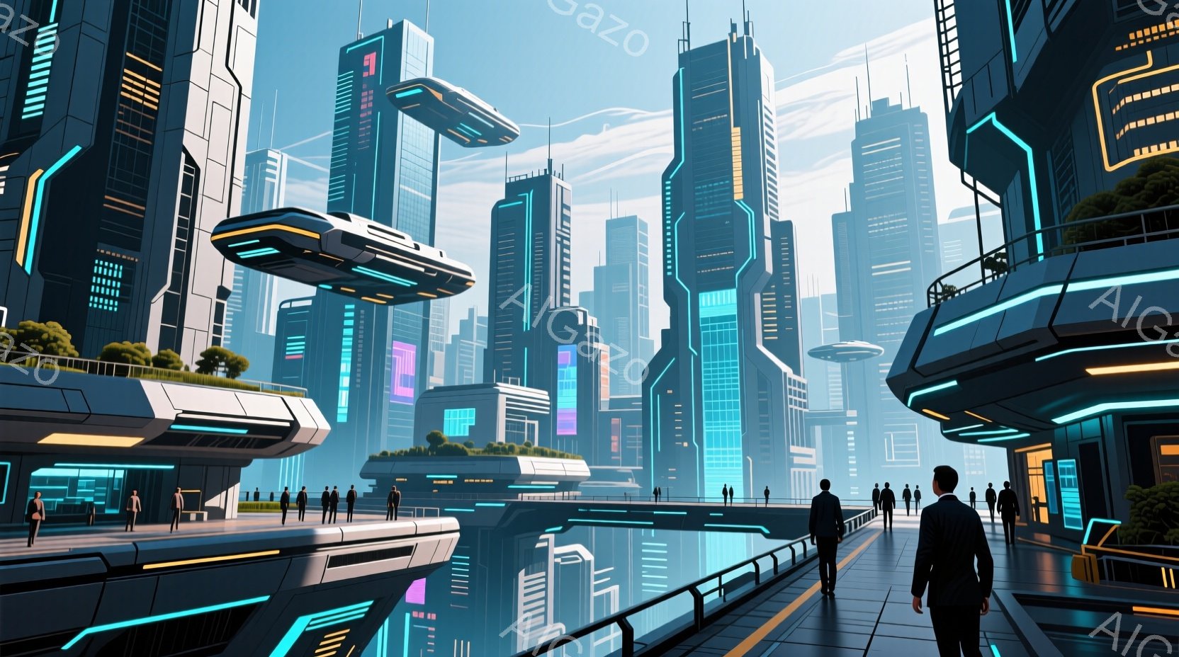 未来都市の風景が描かれている。高層ビル群が立ち並び、その間を空飛ぶ車が飛び交っている。人々はフォーマルな服装で歩道を歩き、静かで穏やかな雰囲気が漂っている。