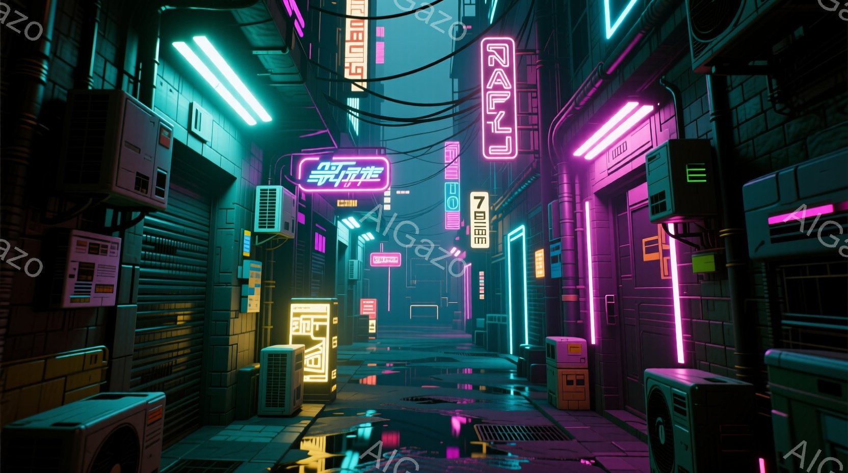 鮮やかなネオンライトが雨に濡れた路面に反射する、サイバーパンク風の路地裏の風景です。左右には無機質な建物が立ち並び、それぞれの壁には様々な機械や装置が取り付けられています。全体的に冷たく、退廃的でありながらも、どこか未来的な雰囲気を醸し出しています。