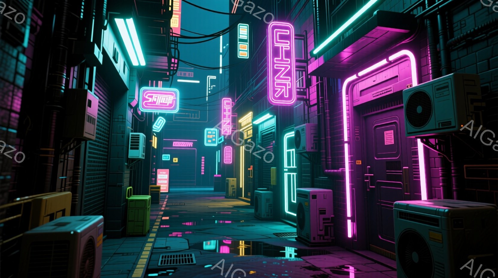 鮮やかなネオンライトが照らし出す、未来都市の路地裏が描かれています。建物は角ばったデザインで、サイバーパンク風の空気を醸し出し、地面には雨に濡れたアスファルトとネオンの光が反射して幻想的な光景を作り出しています。路地裏には、電子機器や換気口のようなものが設置されており、近未来的な都市の生活を感じさせます。