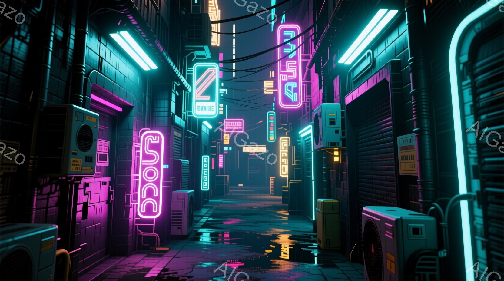 狭い路地はネオンサインで照らされ、雨に濡れた路面が光を反射している。左右には金属製の箱や機械が並び、未来的な都市の風景を作り出している。全体的に、退廃的でありながらもどこか魅力的な雰囲気が漂っている。