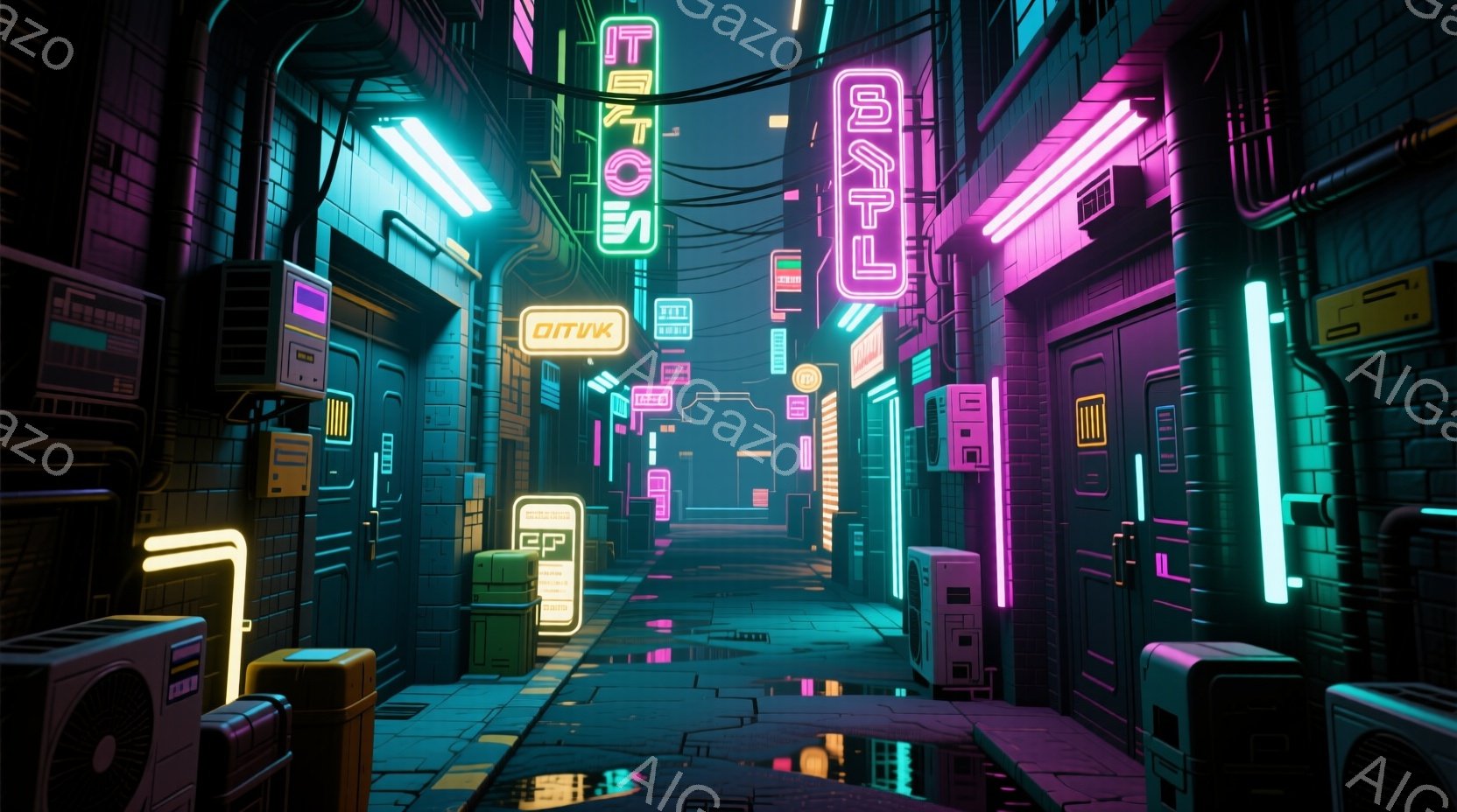 画像はネオン輝く未来的な路地裏を描いています。建物は幾何学的なデザインで、紫、青、緑のネオンサインが濡れた石畳の道に反射し、独特の雰囲気を醸し出しています。路地裏には様々な機械や設備が配置され、サイバーパンクの世界観を強調しています。