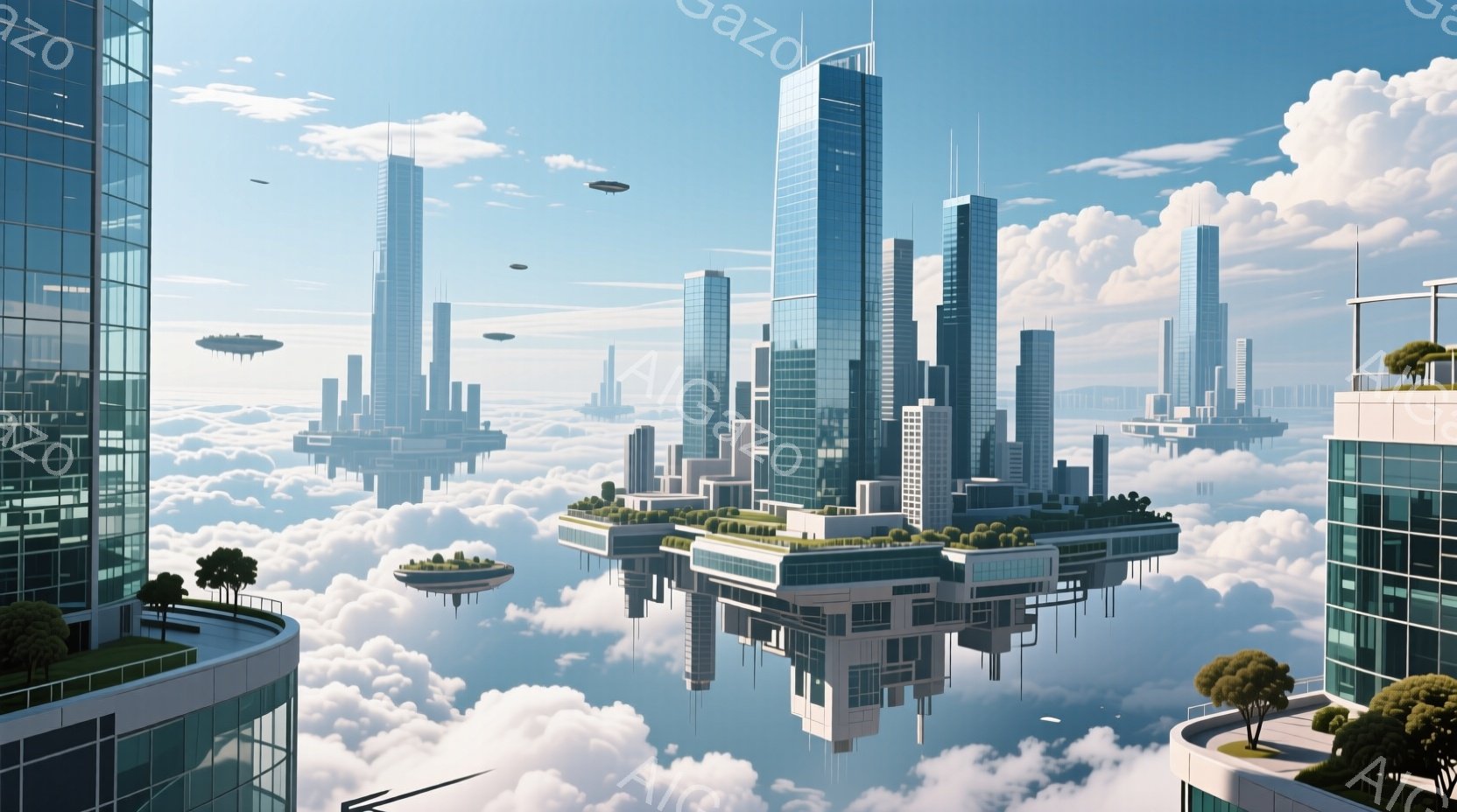 空中に浮かぶ未来都市が描かれており、白く輝く高層ビル群が雲海の中にそびえ立っています。 各建物は洗練されたデザインで、ガラス張りの外観が特徴的であり、緑豊かな庭園やプラットフォームも配置されています。 全体的に、平和で静謐な未来のユートピアのような雰囲気が漂っています。