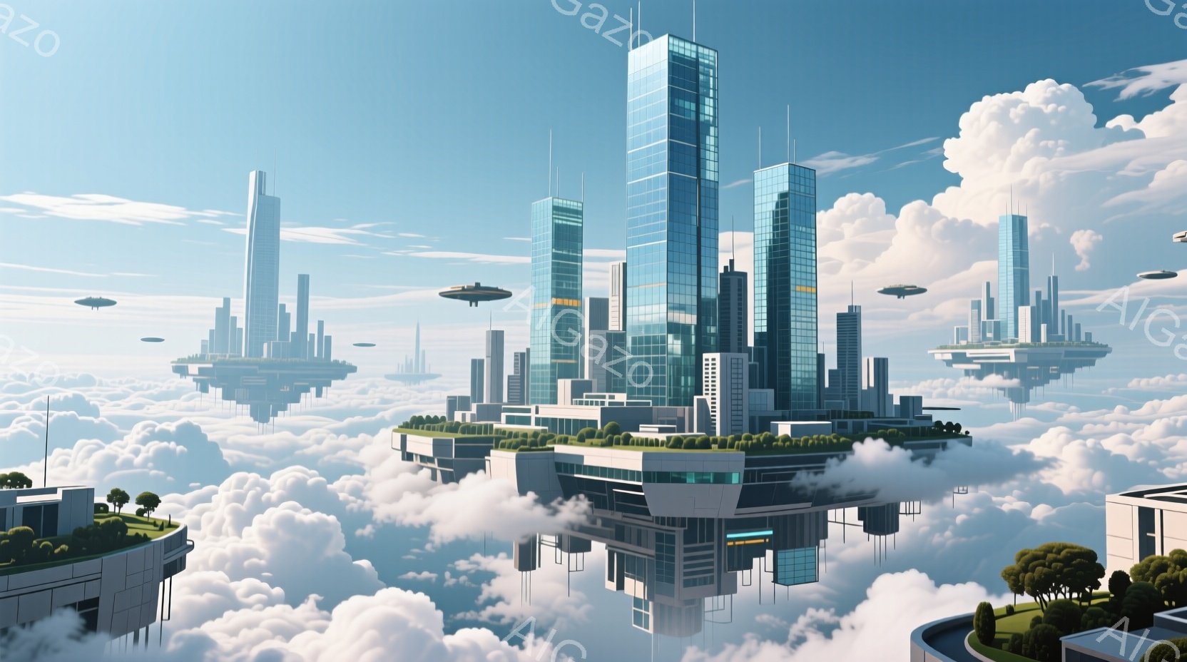未来都市が雲海の上に浮かぶ光景が描かれている。高層ビル群は鏡面のような外観を持ち、その足元には緑豊かな庭園が広がっている。空には、未来的な飛行体が浮かび、全体的に清潔で希望に満ちた雰囲気が漂っている。