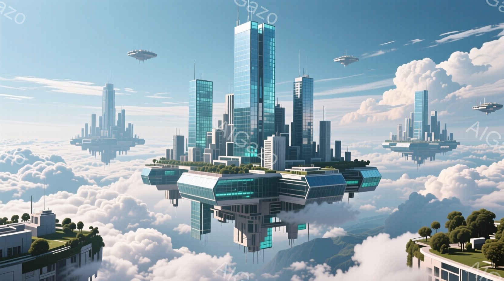 空中に浮かぶ未来都市が描かれています。高層ビル群は雲海の上にそびえ立ち、ガラスと金属が組み合わさった構造が特徴的です。青空と白い雲が広がり、未来的な飛行体が都市の間を飛び交い、平和で希望に満ちた雰囲気 - AI生成フリー素材