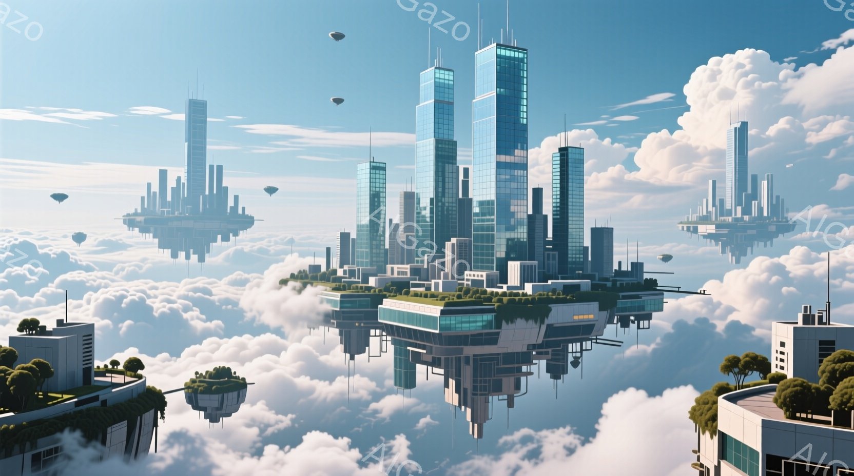 空中に浮かぶ島々が連なる未来都市の風景です。高層ビル群はガラス張りの現代的なデザインで、鮮やかな青色が特徴的です。白くふかふかの雲海が都市を取り囲み、幻想的で平和な雰囲気を醸し出しています。 - AI生成フリー素材