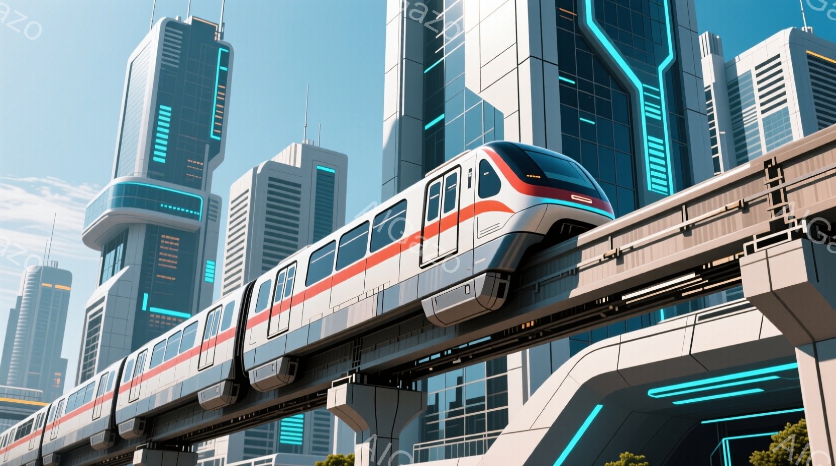 未来的な都市を走るモノレールが印象的な画像です。高層ビル群は洗練されたデザインで、青い光がアクセントとなり、未来都市の雰囲気を高めています。空は晴れで、全体的にクリーンで先進的な印象を与えます。 - AI生成フリー素材