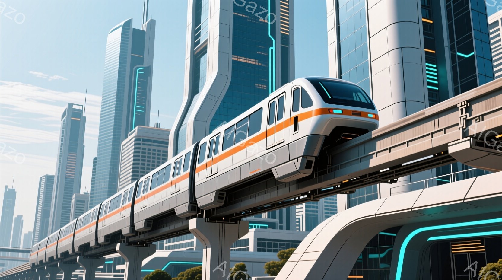 未来都市を背景に、白とオレンジ色の未来的なモノレールが空中に走っている。高層ビル群は洗練されたデザインで、青い光のラインがアクセントになっている。全体的に晴天で、近未来的な都市の活気と洗練された雰囲気 - AI生成フリー素材