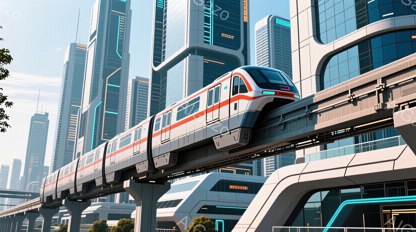 未来都市を走る磁気浮上式列車が描かれている。高層ビル群は洗練されたデザインで、青と白を基調とした未来的な色彩が特徴的である。空は晴れており、都市全体が明るく、活気のある雰囲気を醸し出している。