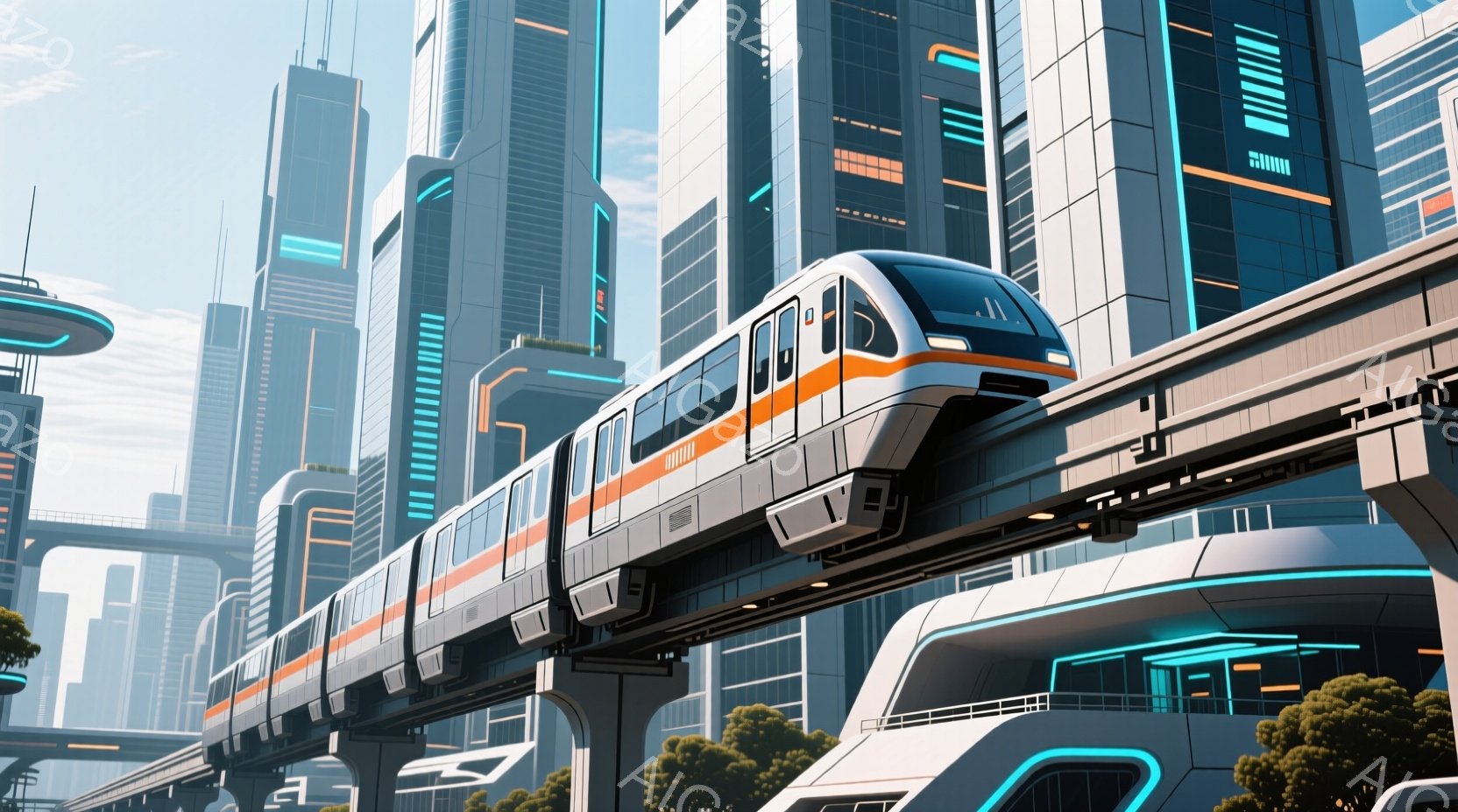 未来的な都市を走る磁気浮上列車が印象的な画像です。高層ビル群は洗練されたデザインで、青い光のラインがアクセントになっています。背景には緑豊かな木々が見え、晴天の下、未来都市と自然が調和した美しい光景が広がっています。