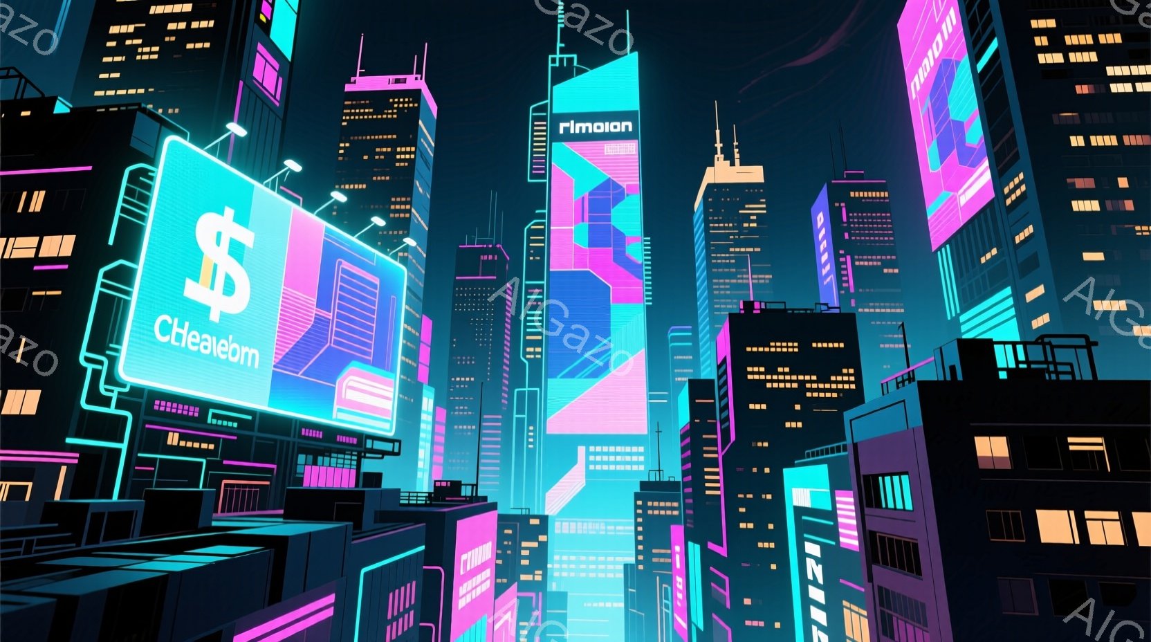 ネオンカラーで彩られた未来都市の夜景が描かれています。高層ビル群が密集し、紫、ピンク、水色の光が都市全体を包み込んでいます。ビルの壁面には細かい窓が並び、街全体がサイバーパンクな雰囲気を醸し出していま - AI生成フリー素材