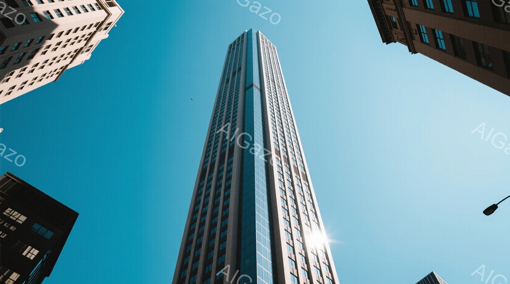 青々とした空を背景に、高層ビルが画面中央を垂直に貫いている。ビルのガラス面は太陽光を反射し、光り輝いている。左右には他の高層ビルの角がわずかに見え、都会の風景を強調している。 - AI生成フリー素材