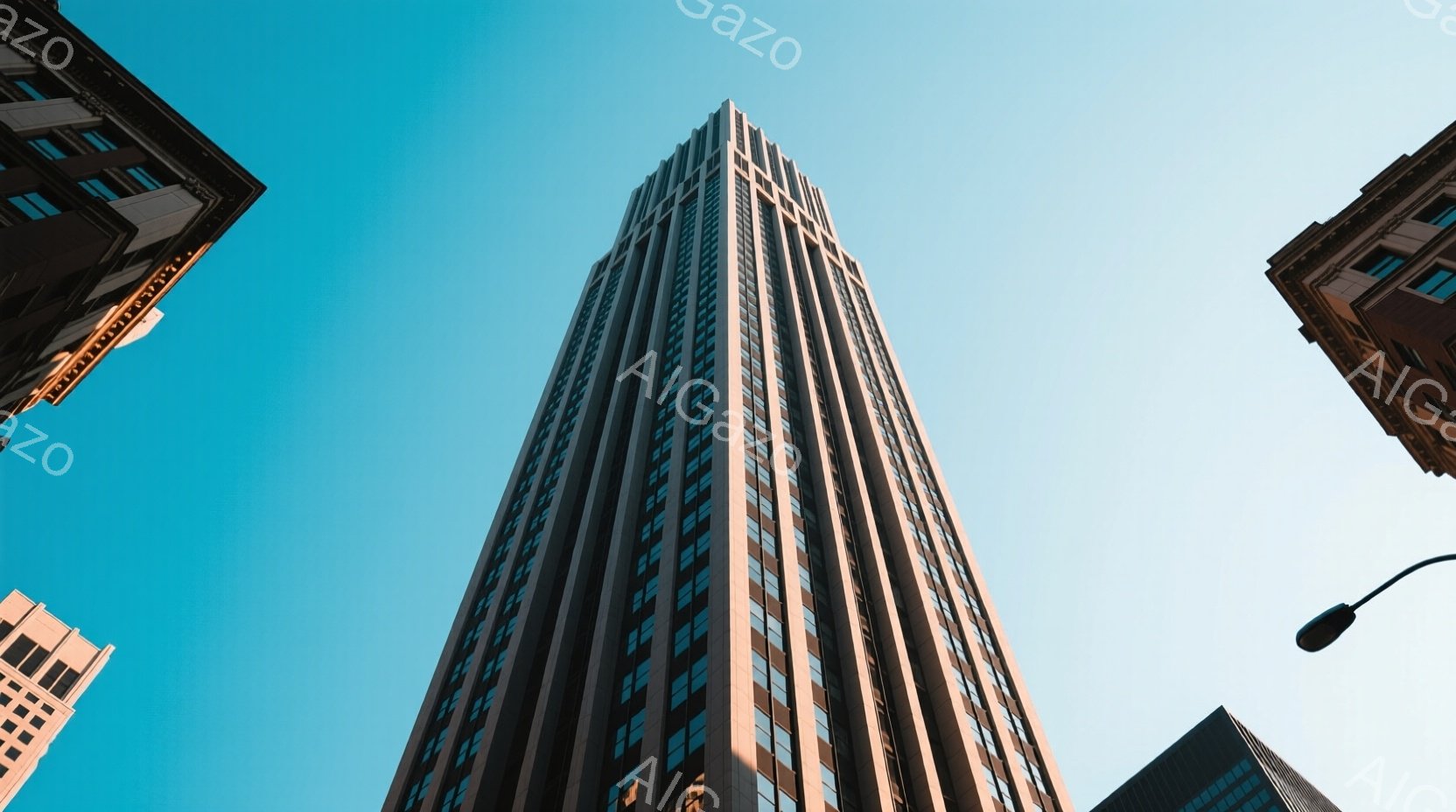 高層ビルが青空を背景にそびえ立っており、その巨大さが印象的です。周囲には他の建物も確認でき、都会の風景が広がっています。空は澄み切っており、晴天のもとで建物がより際立って見えます。 - AI生成フリー素材