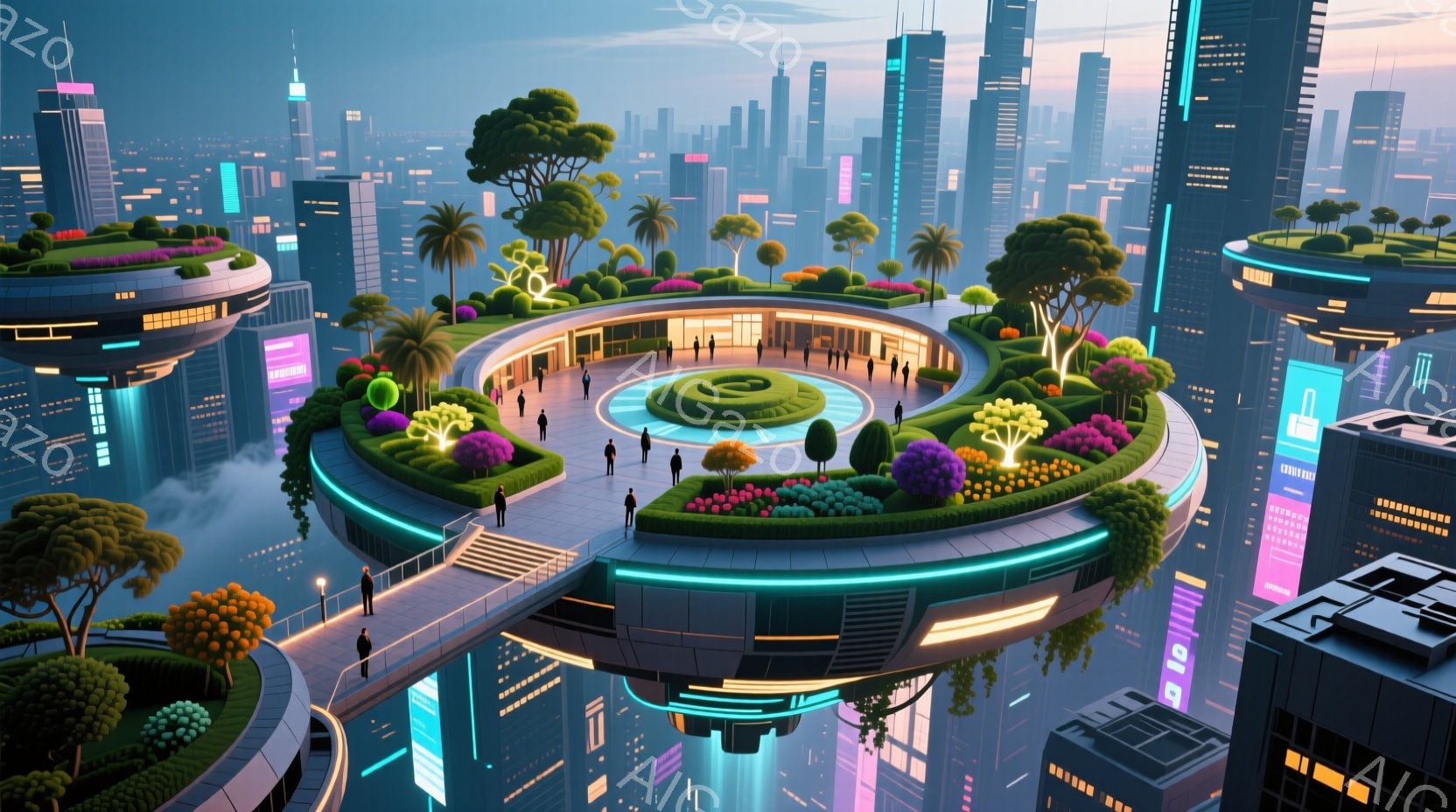 未来的な都市空間に浮かぶ円形のプラットフォームが印象的な光景です。人々はフォーマルな服装で、プラットフォーム上を散策したり、談笑したりしており、リラックスした表情を見せています。背景には高層ビル群と緑豊かな自然が広がり、霧のような靄が幻想的な雰囲気を醸し出しています。