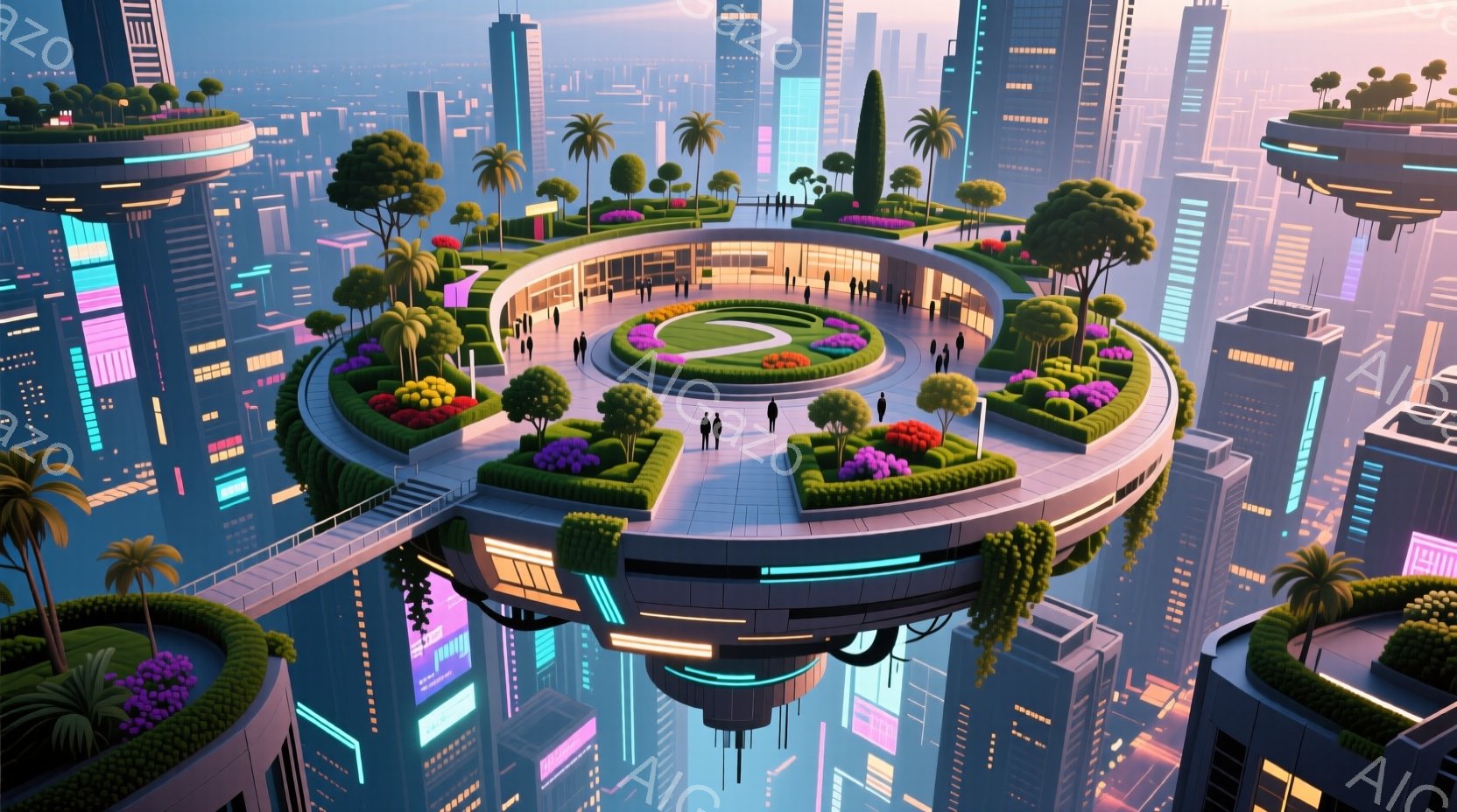 未来都市の高層ビル群の中に浮かぶ円形の公園が描かれています。人々はカジュアルな服装で、公園内を散策したり、ベンチでくつろいだりしています。背景には、ネオンライトが輝く高層ビルが立ち並び、空には薄い雲が - AI生成フリー素材