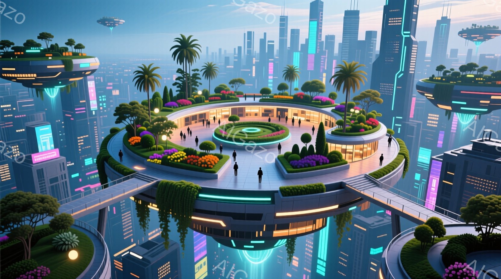 未来都市の中心部に位置する円形のプラットフォームには、色とりどりの花壇や緑豊かな木々が咲き乱れ、人々がゆったりと散歩を楽しんでいる。多くの人々はカジュアルな服装で、笑顔を浮かべながら散歩したり、談笑したりしているが、フォーマルなスーツ姿の人もおり、都市の多様性を感じさせる。背景には、ネオンライトが輝く高層ビル群が立ち並び、空には未来的な飛行体が浮かんでおり、華やかで楽観的な雰囲気を醸し出している。