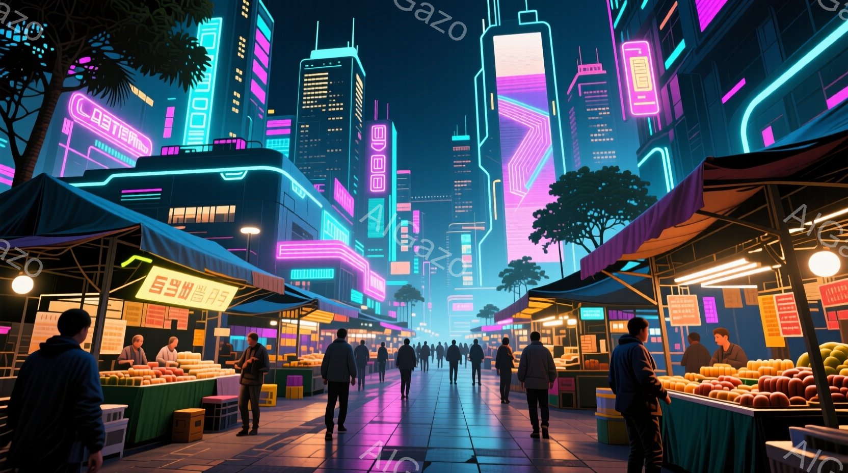 ネオン輝く未来都市の市場が描かれている。多くの人々が市場を歩き、露店では果物が並べられている。高層ビルが立ち並び、わずかに緑が見えるが、全体的に夜の都市の活気と、少し憂いを帯びた雰囲気が漂っている。 - AI生成フリー素材