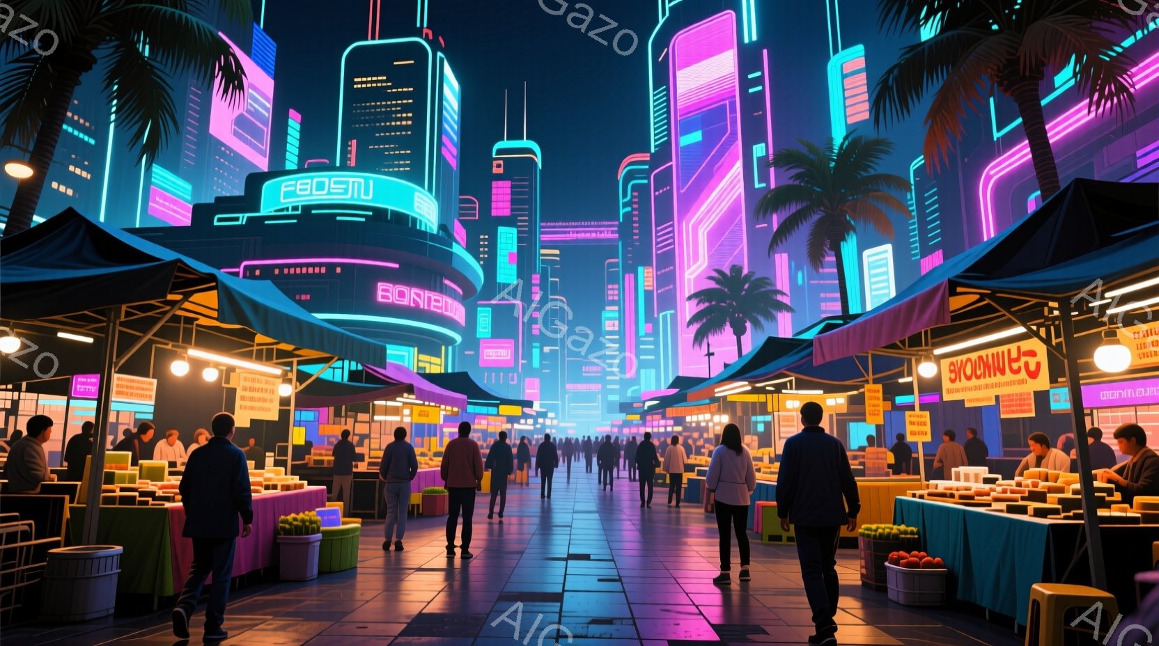 夜の賑やかな市場が描かれており、多くの人々が歩き回って買い物を楽しんでいる。人々はカジュアルな服装で、様々な髪型をしており、表情はリラックスしているか、楽しんでいる様子が伺える。背景には、ネオンライト - AI生成フリー素材