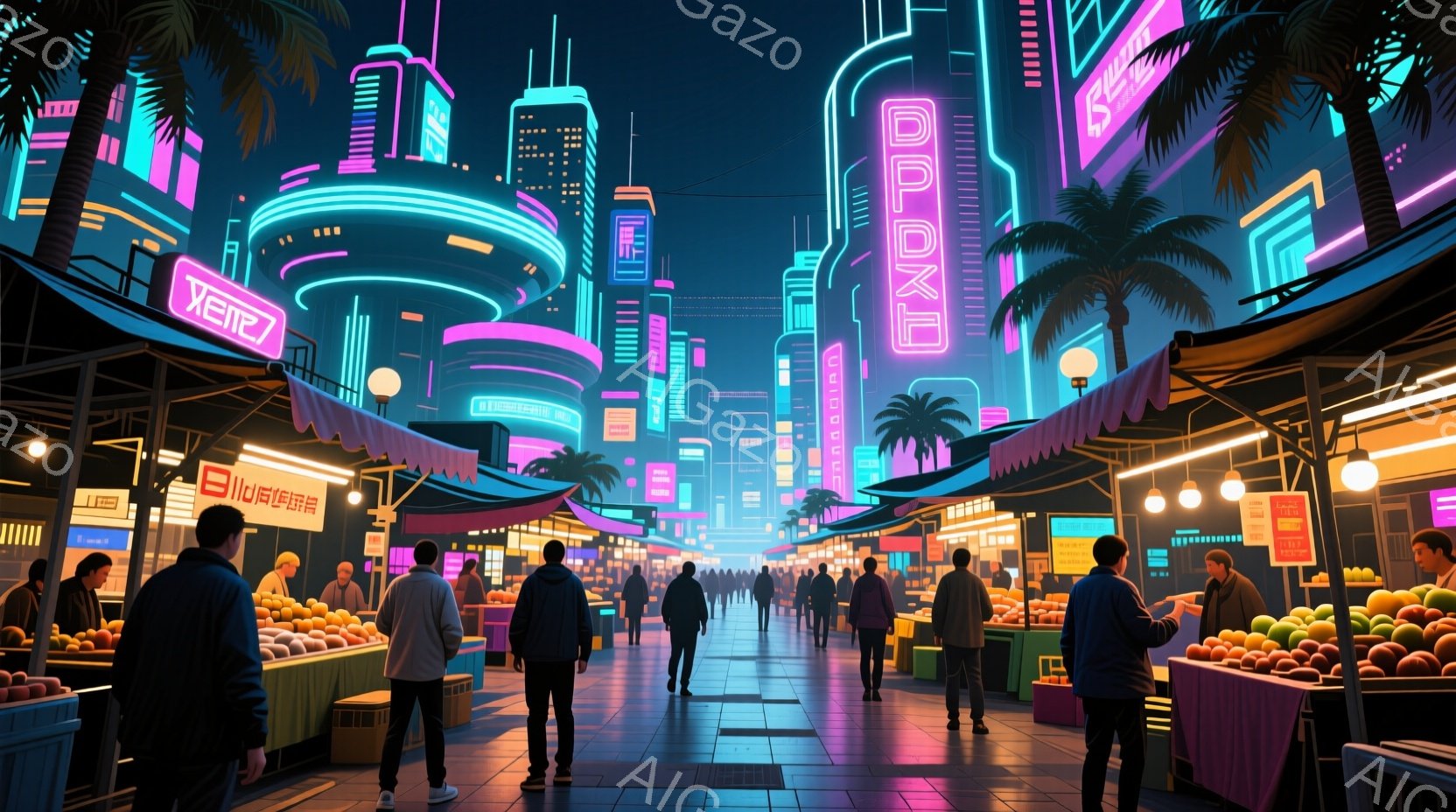 夜の市場が描かれており、ネオンサインが輝く高層ビル群とヤシの木が立ち並ぶ異国情緒あふれる風景です。人々はカジュアルな服装で市場を歩き回り、果物やその他の商品が並んだ屋台の前に立ち止まっています。全体的に、サイバーパンクとトロピカルな雰囲気が融合した、活気のある夜の情景が表現されています。
