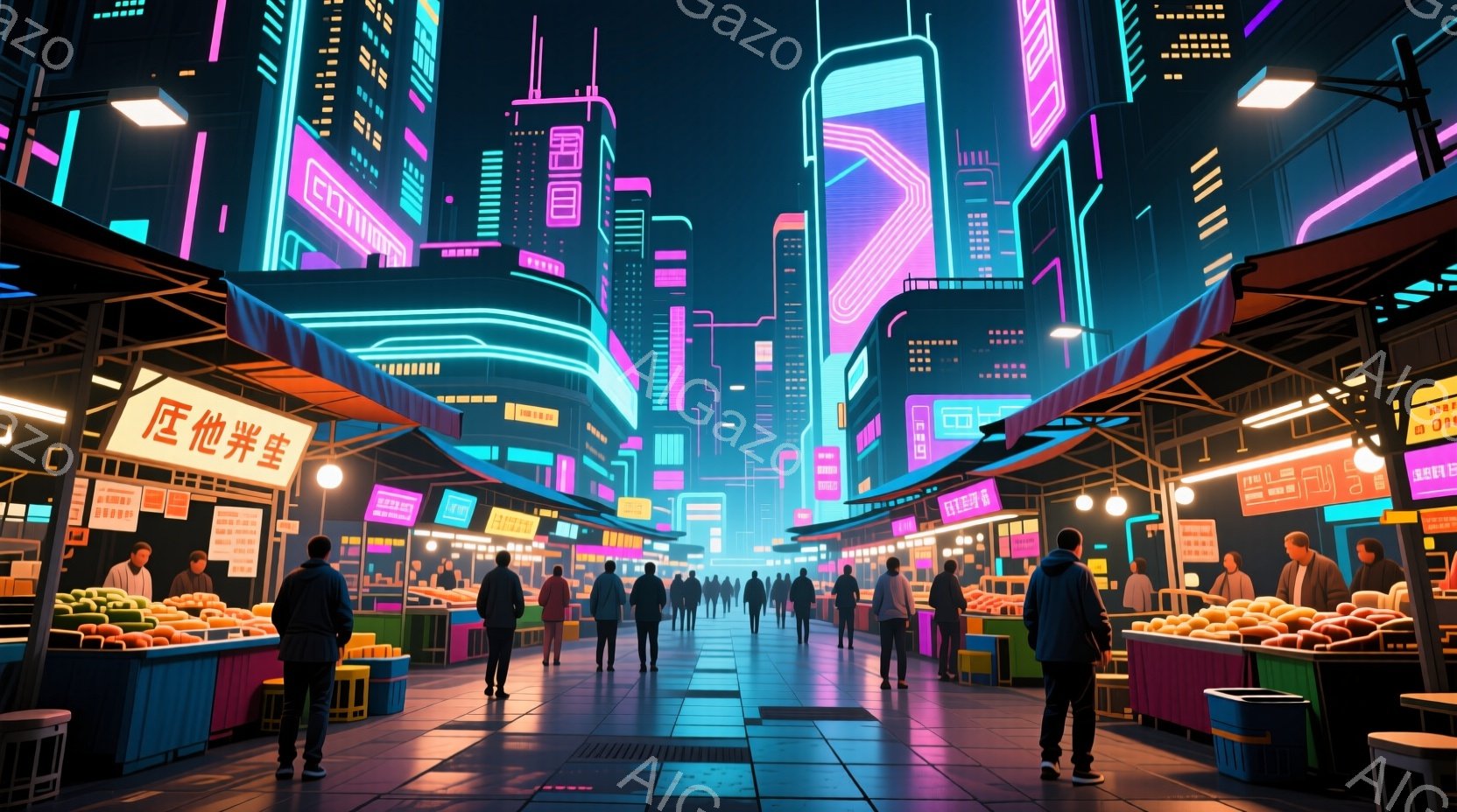 未来都市の市場の賑わいを見せる画像です。多くの人々が様々な店を歩き回り、鮮やかな色の果物や食料品が並んでいます。高層ビルが立ち並び、ネオンライトが光る夜の風景は、活気があり、近未来的な雰囲気を醸し出しています。