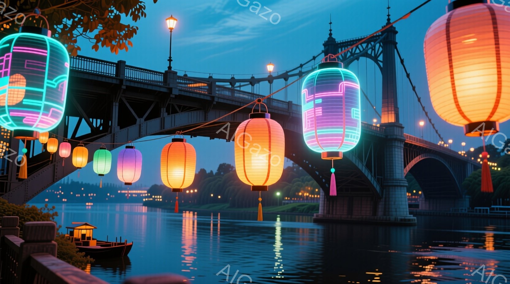 夜空の下、川の上にカラフルな提灯が連なり、美しい光景を作り出している。川面には提灯の光が反射し、水面もまた輝いている。背景には橋が聳え立ち、静かで幻想的な雰囲気を醸し出している。 - AI生成フリー素材