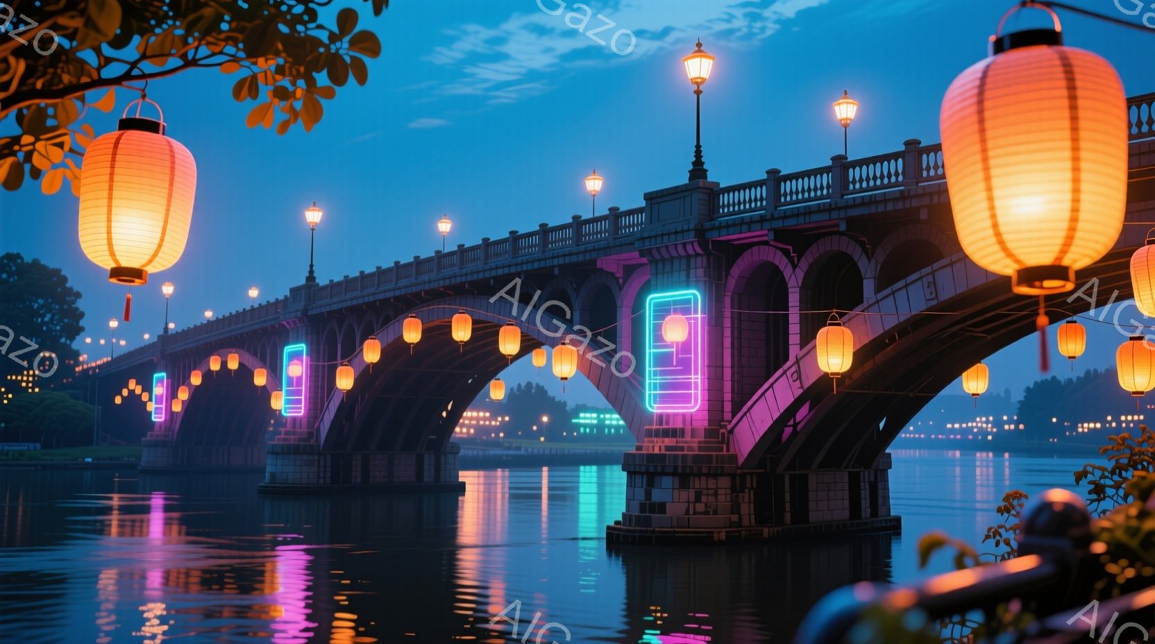 古代様式の石造りの橋が、水面にその姿を映し出しています。橋の上にはオレンジ色やピンク色の提灯が連なり、水面に光の反射を作り出し、幻想的な雰囲気を醸し出しています。背景には暗い空と緑豊かな植物が見え、穏 - AI生成フリー素材