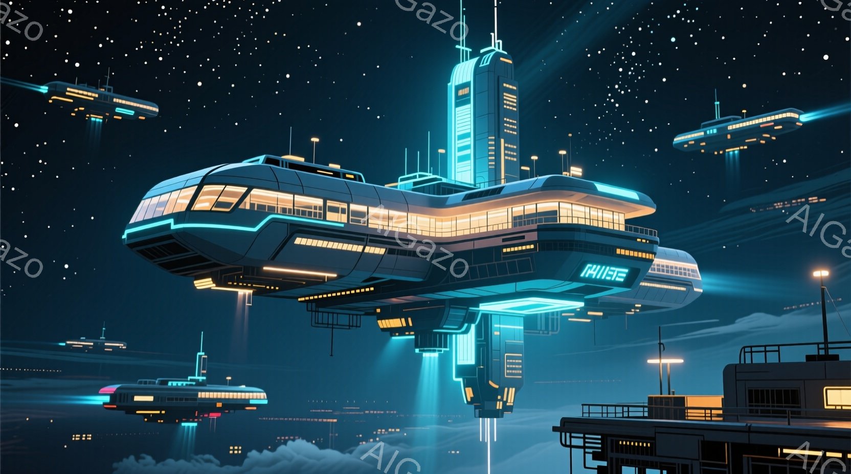 未来都市を想起させる、雲海に浮かぶ巨大な構造物が印象的な画像です。青い光が立ち上る支柱によって支えられた建物は、ネオンライトで装飾され、未来的な雰囲気を醸し出しています。背景には同じような構造物が多数 - AI生成フリー素材