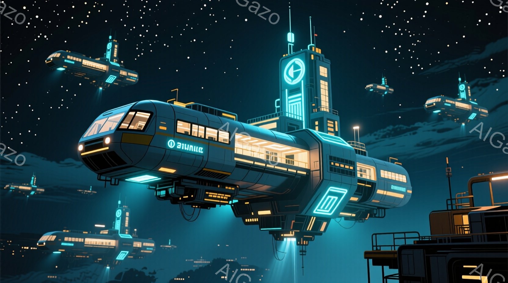 未来的な都市の上空を、複数の細長い宇宙船が飛行している様子が描かれています。船体は白と黄色の光で照らされ、都市の光と相まって幻想的な雰囲気を醸し出しています。背景には高層ビル群が広がり、星空が広がる夜 - AI生成フリー素材