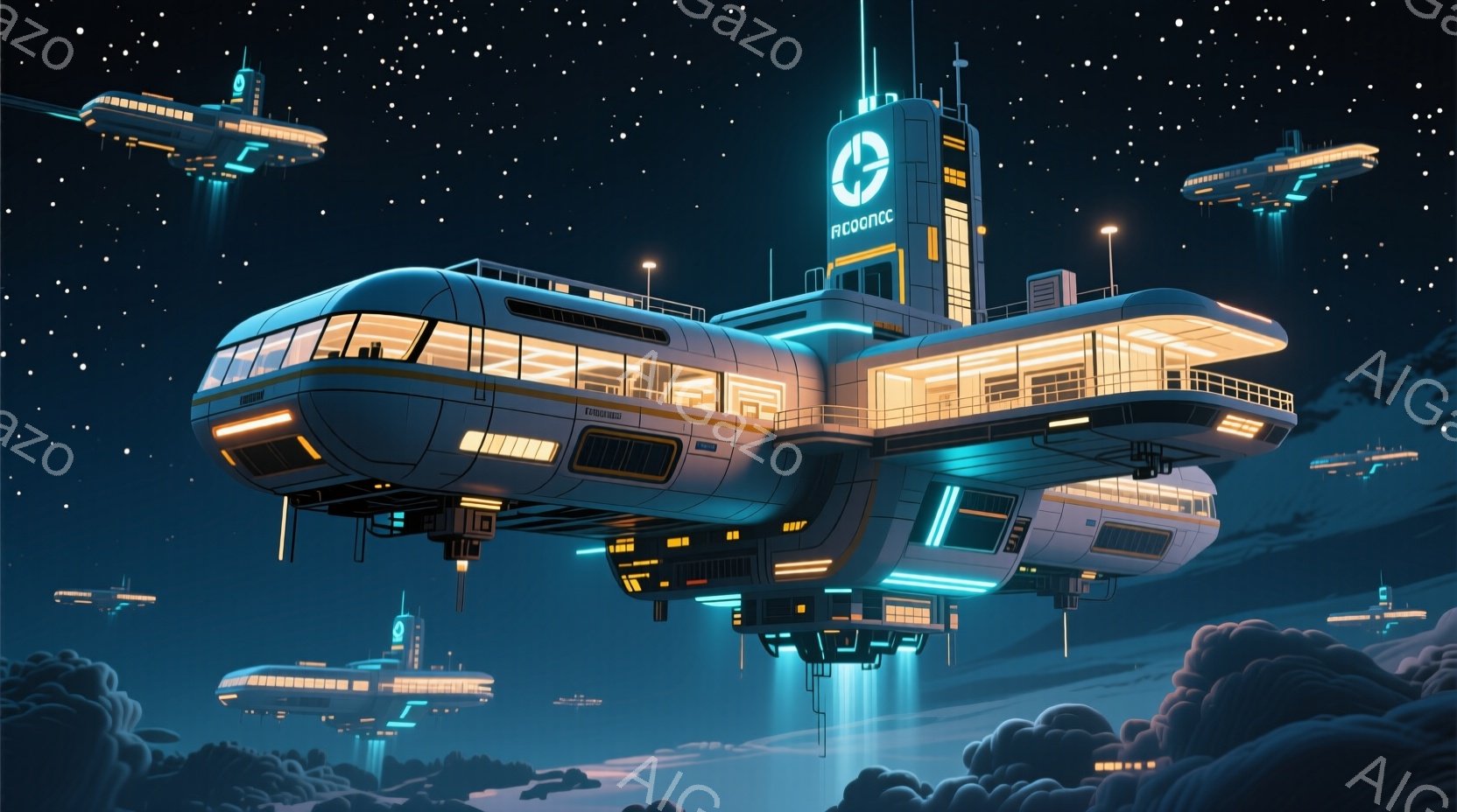 未来的な飛行船が雲海の上を静かに航行している様子が描かれている。船体は白を基調とし、青い発光ラインがアクセントになっている。背景には、同じく飛行船が複数浮かび、星空が広がり、幻想的な雰囲気を醸し出して - AI生成フリー素材