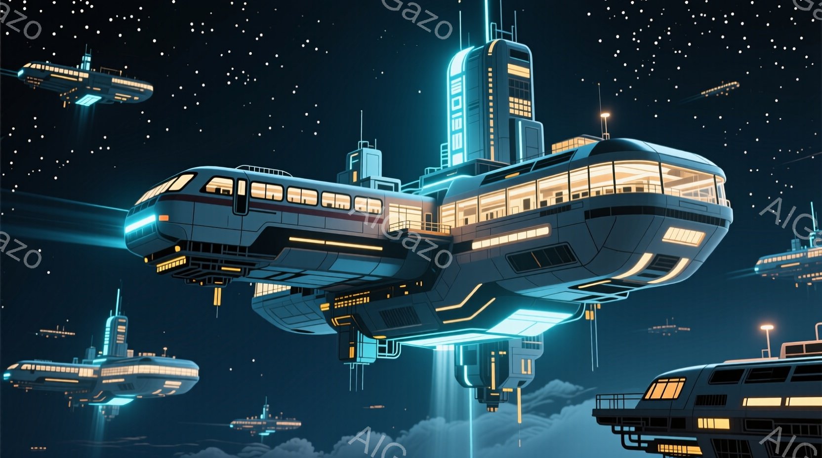 未来的な都市の上空を、光を放つ巨大な船団が航行している様子が描かれている。船体は流線形で、明るい光が窓や構造物を照らし、雲海と夜空に浮かぶ星々とのコントラストが美しい。全体的に、洗練された未来都市の幻 - AI生成フリー素材