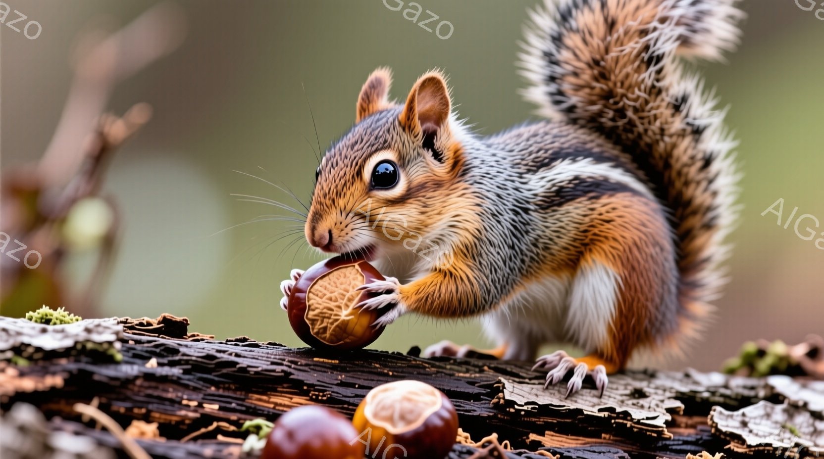 リスが木の枝にとまり、茶色の殻を持つどんぐりを前足で抱えています。そのリスはオレンジと白の毛並みで、つぶらな瞳が特徴的です。背景はぼやけており、緑豊かな自然の中にいることを示唆しています。 - AI生成フリー素材