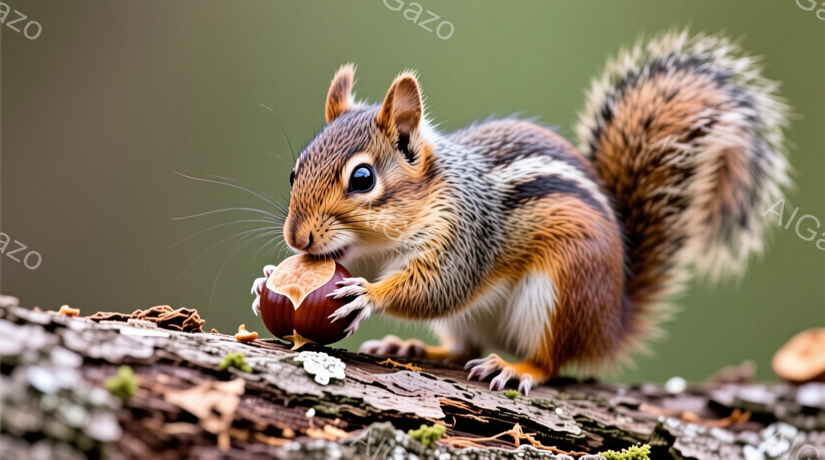 鮮やかなオレンジと茶色の毛並みを持つリスが、木の上に座ってどんぐりをかじっています。その表情は真剣で、前足でしっかりとどんぐりを支えながら、美味しそうに頬張っています。背景は緑色のぼやけた自然で、穏や - AI生成フリー素材