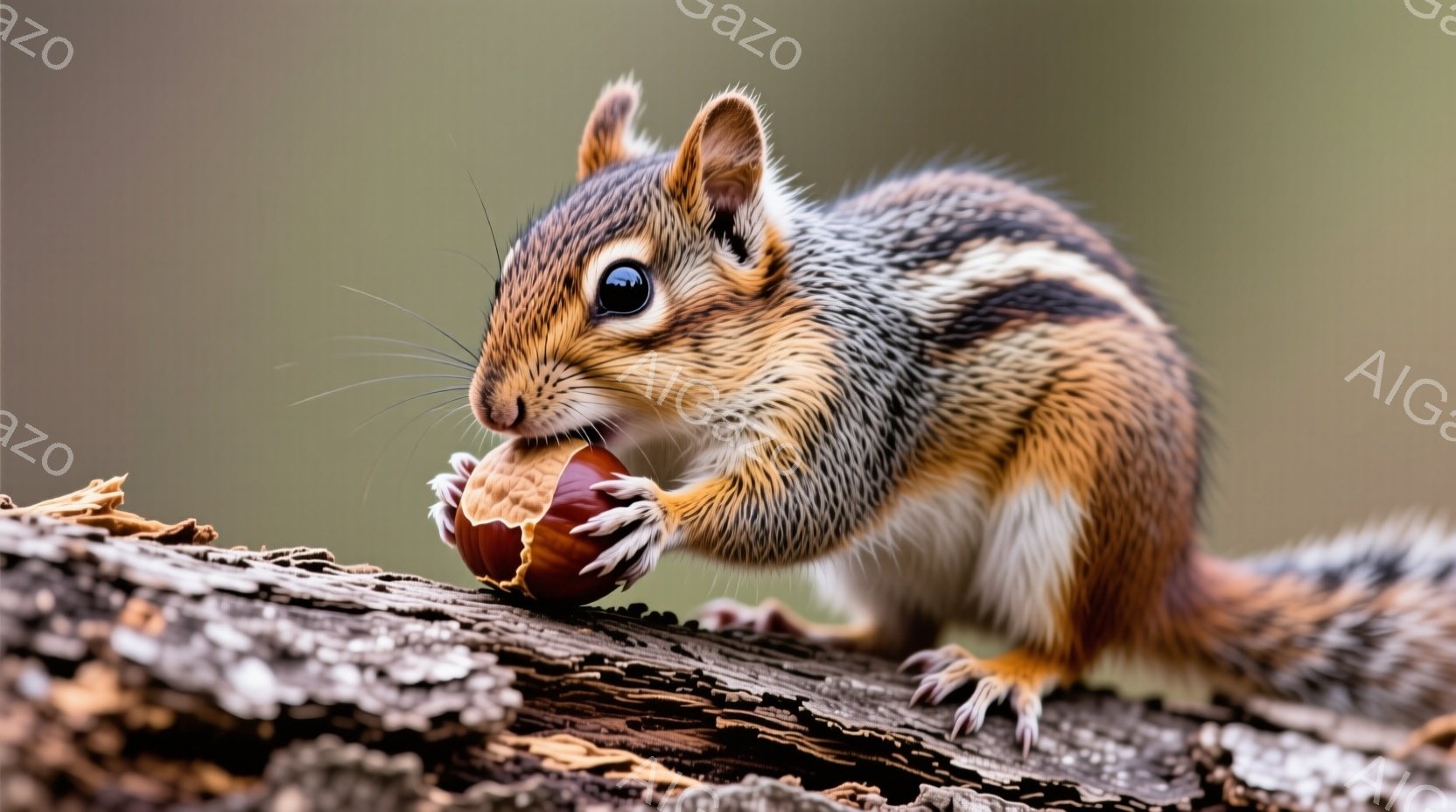 赤褐色の毛並みに白い縞模様が特徴的なリスが、前足で丸いどんぐりを抱え込み、何か食べようとしています。背景はぼやけた木肌で、自然な光が差し込み、リスの毛並みを照らしています。全体的に温かく、可愛らしい雰 - AI生成フリー素材
