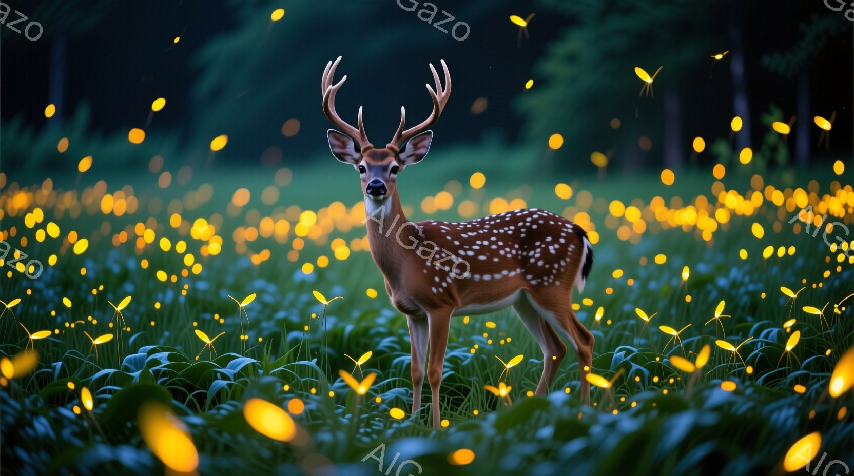 若いシカが緑豊かな草むらに立っており、その周りには無数の光るホタルが舞っている。シカは堂々とした姿勢で正面を見つめ、静かで穏やかな表情をしている。背景は暗い森で、ほのかに木々のシルエットが見え、幻想的で神秘的な雰囲気を醸し出している。