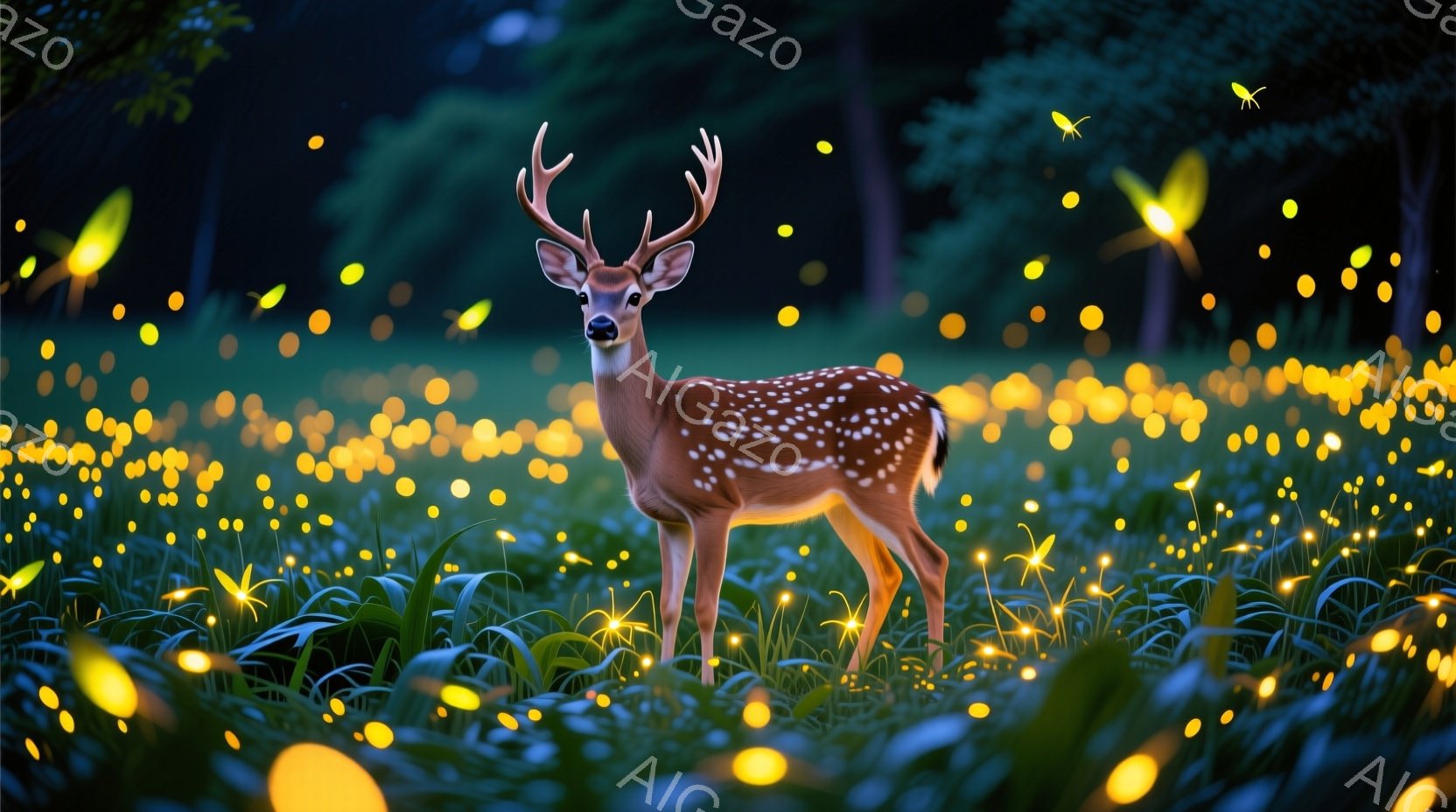 夜の森の中で、斑点模様の美しい雄鹿が草むらに佇んでいます。周囲には無数の光るホタルが舞い、幻想的な雰囲気を醸し出しています。雄鹿は落ち着いた表情で正面を見据え、静寂に包まれた夜の森の主として存在感を放 - AI生成フリー素材