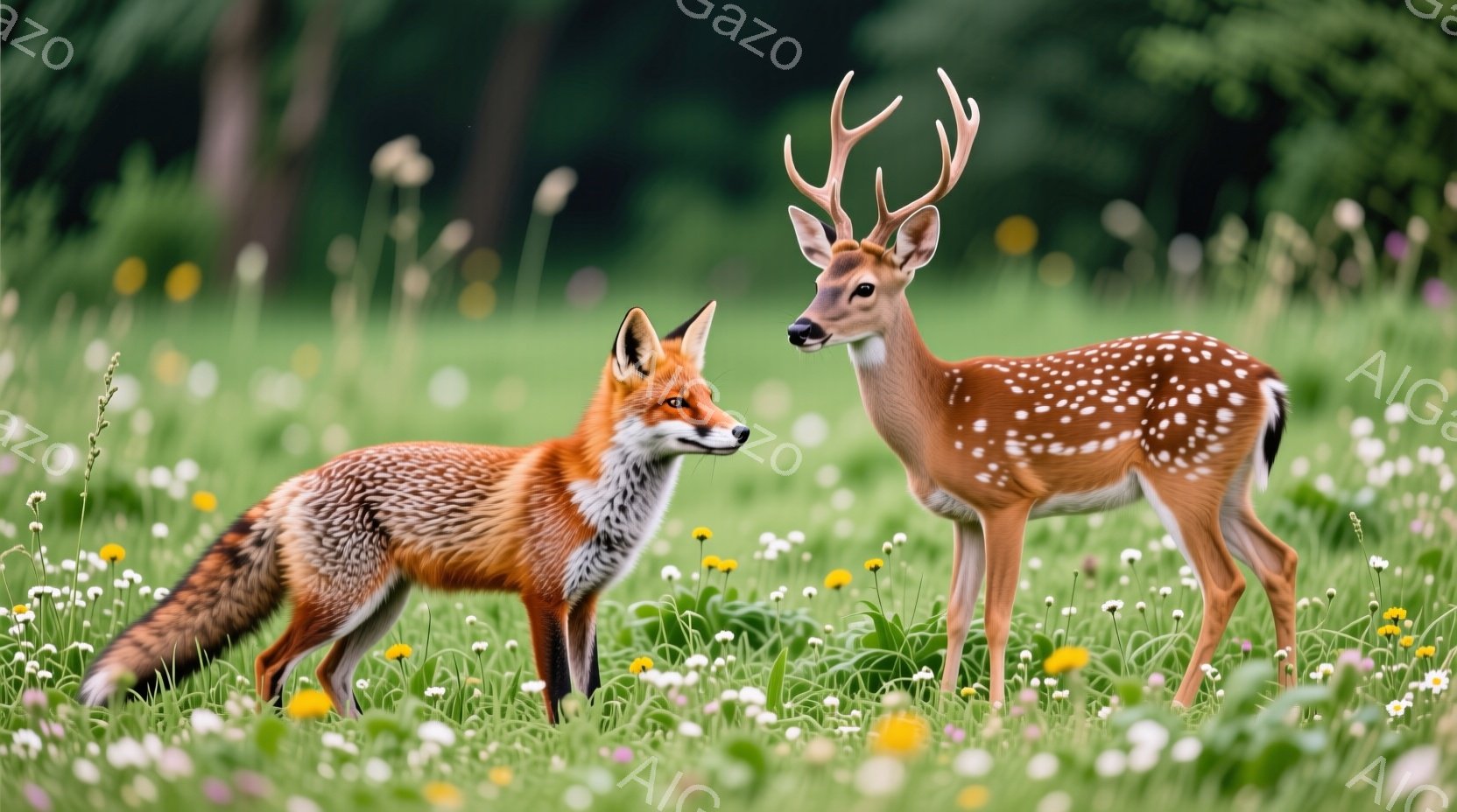 広々とした緑の草原で、キツネとシカが並んで立っている。キツネは鮮やかなオレンジ色の毛並みで、シカは白い斑点模様が特徴的だ。背景には様々な野花が咲き乱れ、穏やかで平和な雰囲気を醸し出している。 - AI生成フリー素材