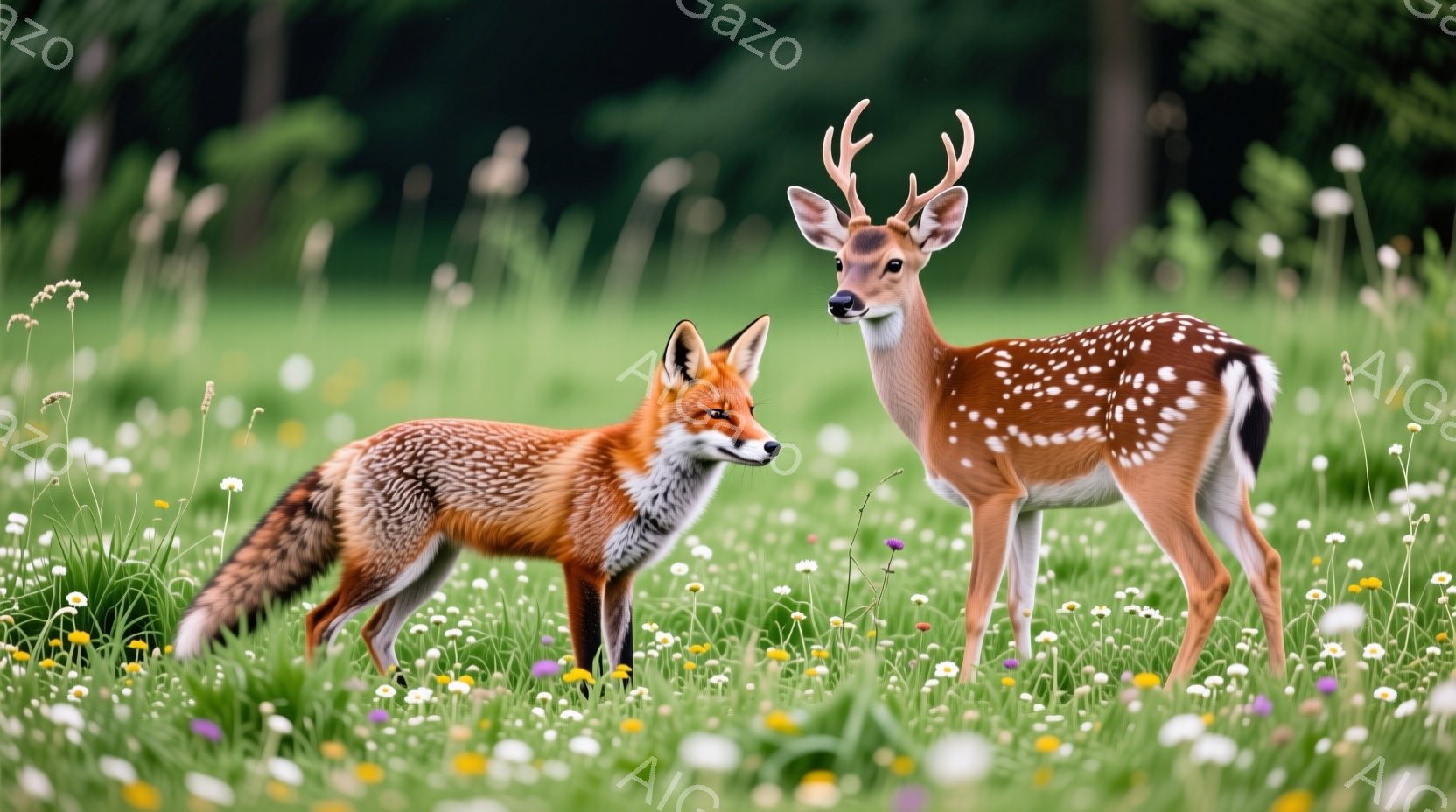 広々とした緑の草原に、一匹のキツネと一匹のシカが並んで立っている。キツネは赤褐色の毛並みで、シカは白い体に茶色の斑点模様があり、どちらもこちらを少し見ているような視線を送っている。背景には様々な野花が - AI生成フリー素材