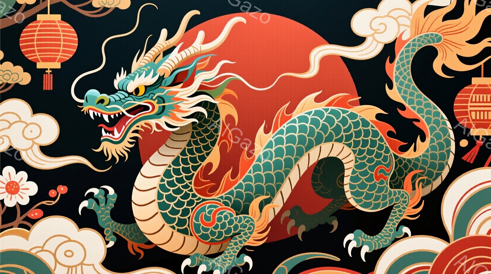 鮮やかな赤色の東洋のドラゴンが、ねじれた姿勢で描かれています。緑色の模様が施された体は、雲や花、提灯といった装飾的な背景と調和し、力強さと神秘的な雰囲気を醸し出しています。全体的に、伝統的な東洋美術を - AI生成フリー素材
