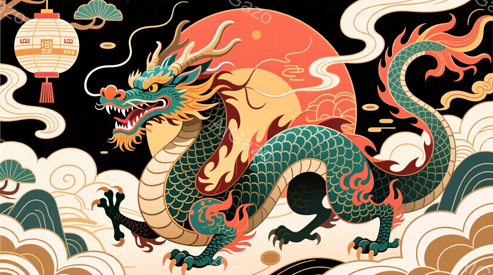 鮮やかな色彩の東洋の龍が、黒い背景に浮かび上がっています。龍は緑色の鱗を持ち、燃えるような赤い模様が尾やたてがみに広がっています。雲のような模様と提灯が背景に描かれており、力強く神秘的な雰囲気を醸し出しています。