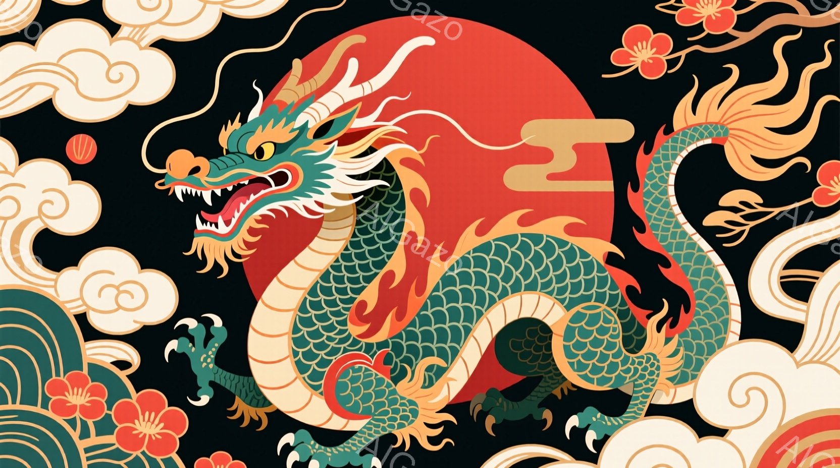 鮮やかな緑色の龍が、黒い背景に力強く描かれています。龍は体をくねらせ、鋭い爪を伸ばして躍動感にあふれており、燃えるような赤い鬣と尾が特徴的です。背景には白と金色の雲や赤い梅の花が配置され、お祝いや権威 - AI生成フリー素材